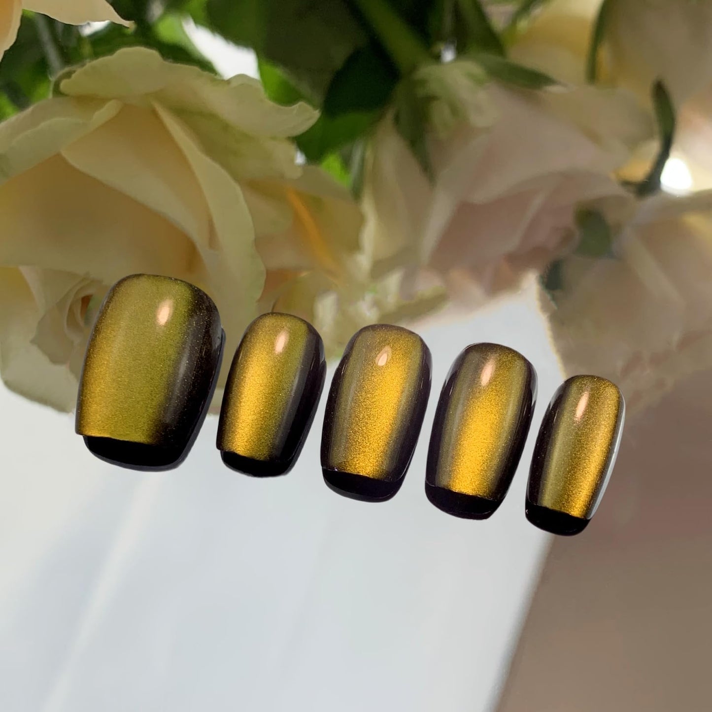Incantevole Cat's Eye Press On Nails (30PCS； SIZE：XS-S-M), Short Square Fake Nails (Black Gold), Handmade Nails, Elegant False Nail Tips