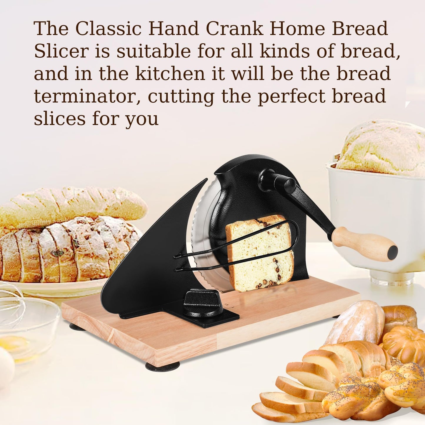 Upgraded Manual Bread Slicer for Homemade Sourdough Bread with Measurement Marks, Adjustable 0"-0.8" Thickness Hand Crank Bread Slicer with Suction Cup for Even Slicing, Kitchen and Commercial, Black
