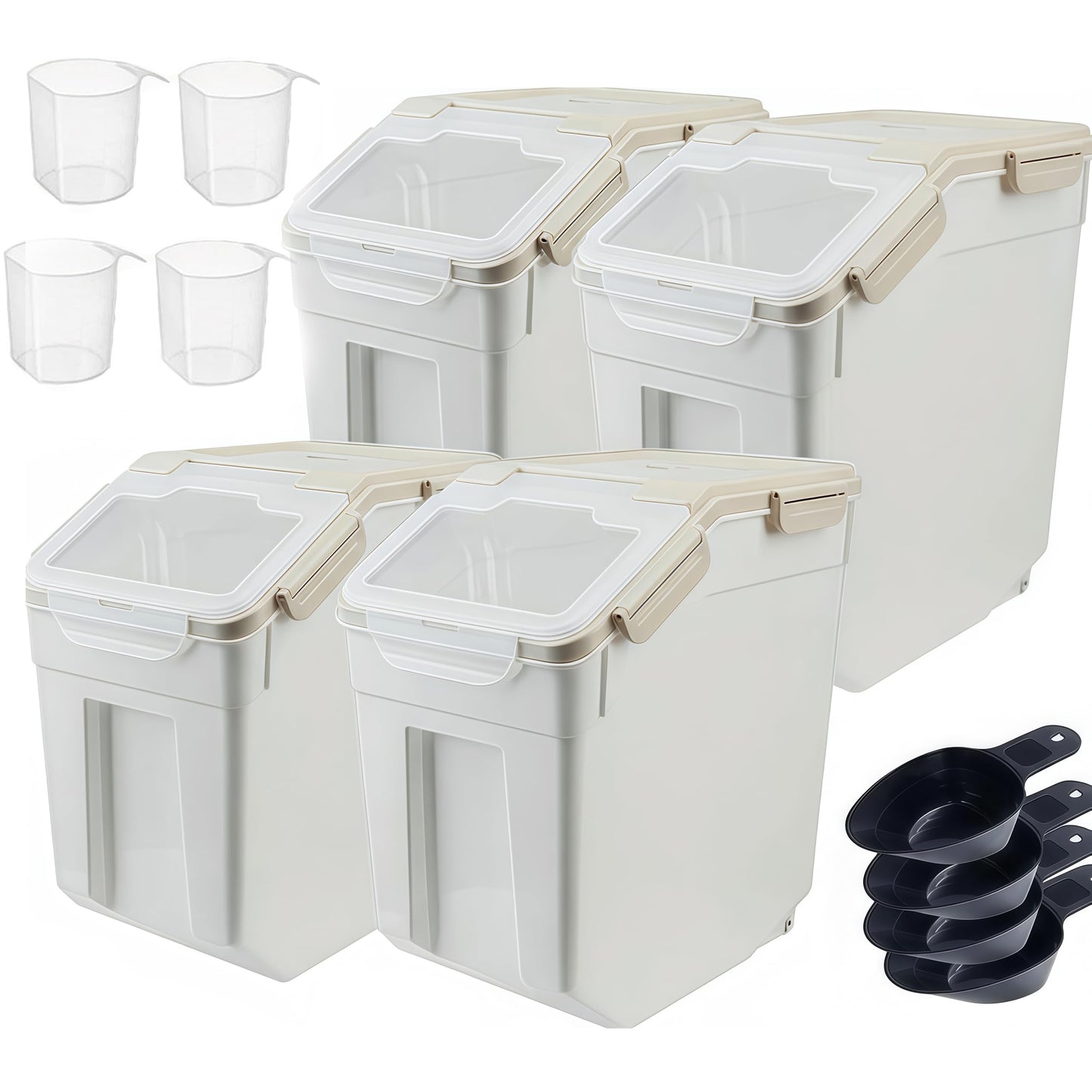RUIAN 25lb Flour Rice Storage Containers Bin, Large Airtight Storage Container with Wheels Seal Locking Lid, with Measuring Cup&Scoop for Flour, Rice, Grain(Gray 4PCS)
