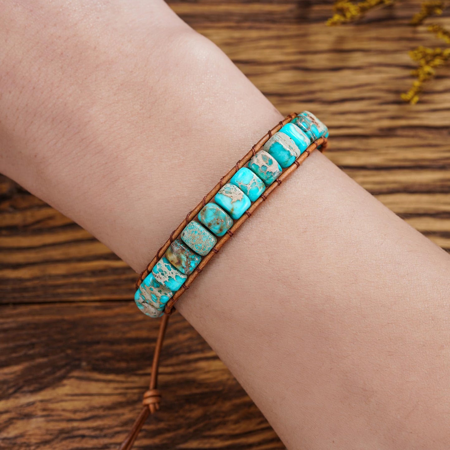 Plumiss Boho Handmade Turquoise Blue Imperial Jasper Bead Wrap Bracelet for Women Men