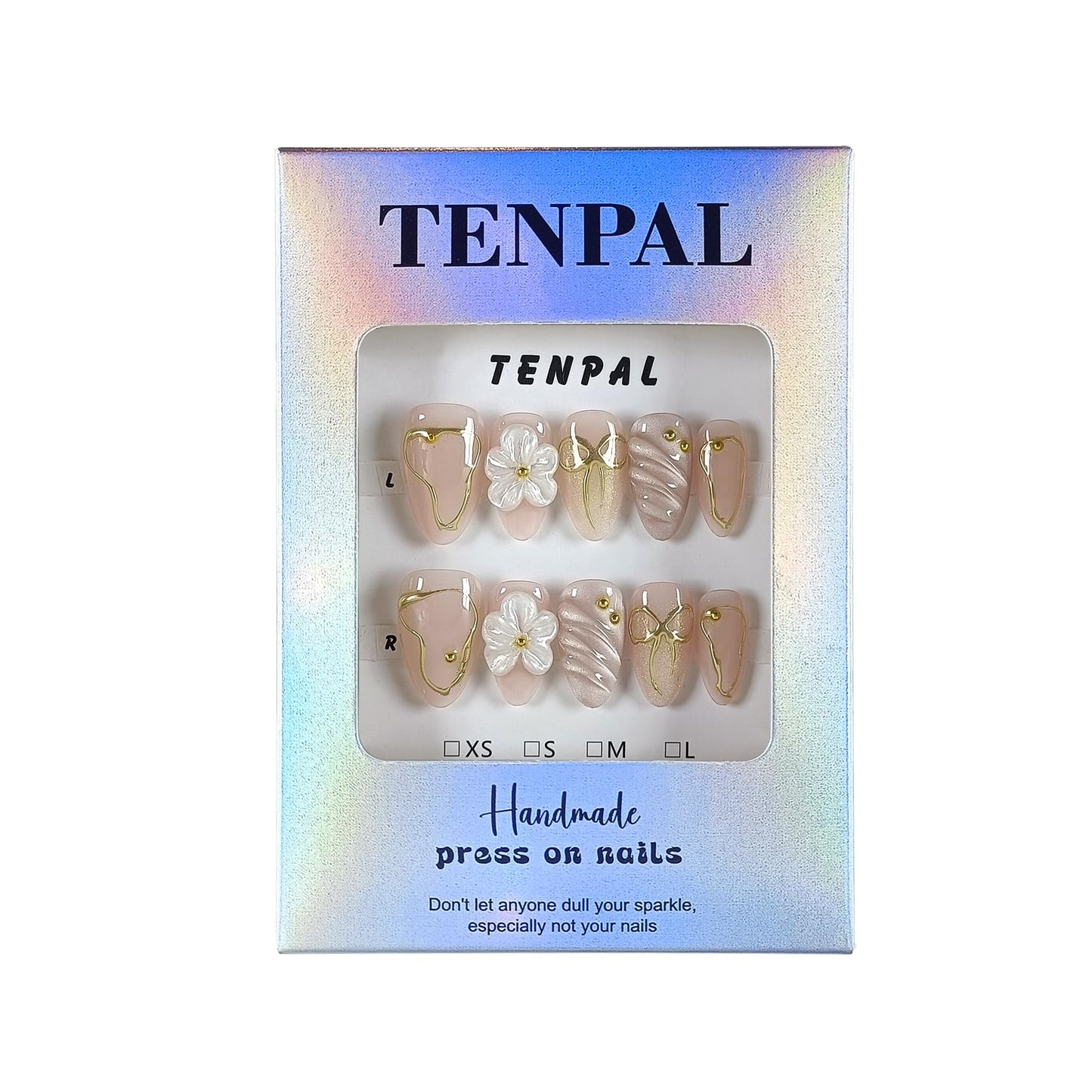 TENPAL 10Pcs Short Almond Oval Press On Nails With Tools,Nude Pink Fake Nails with 3D Flowers & Cat Eye Designs,Glitter Gold Edge Glue on Nails, Glossy Handmade Acrylic False Nails for Daily Party(XS)