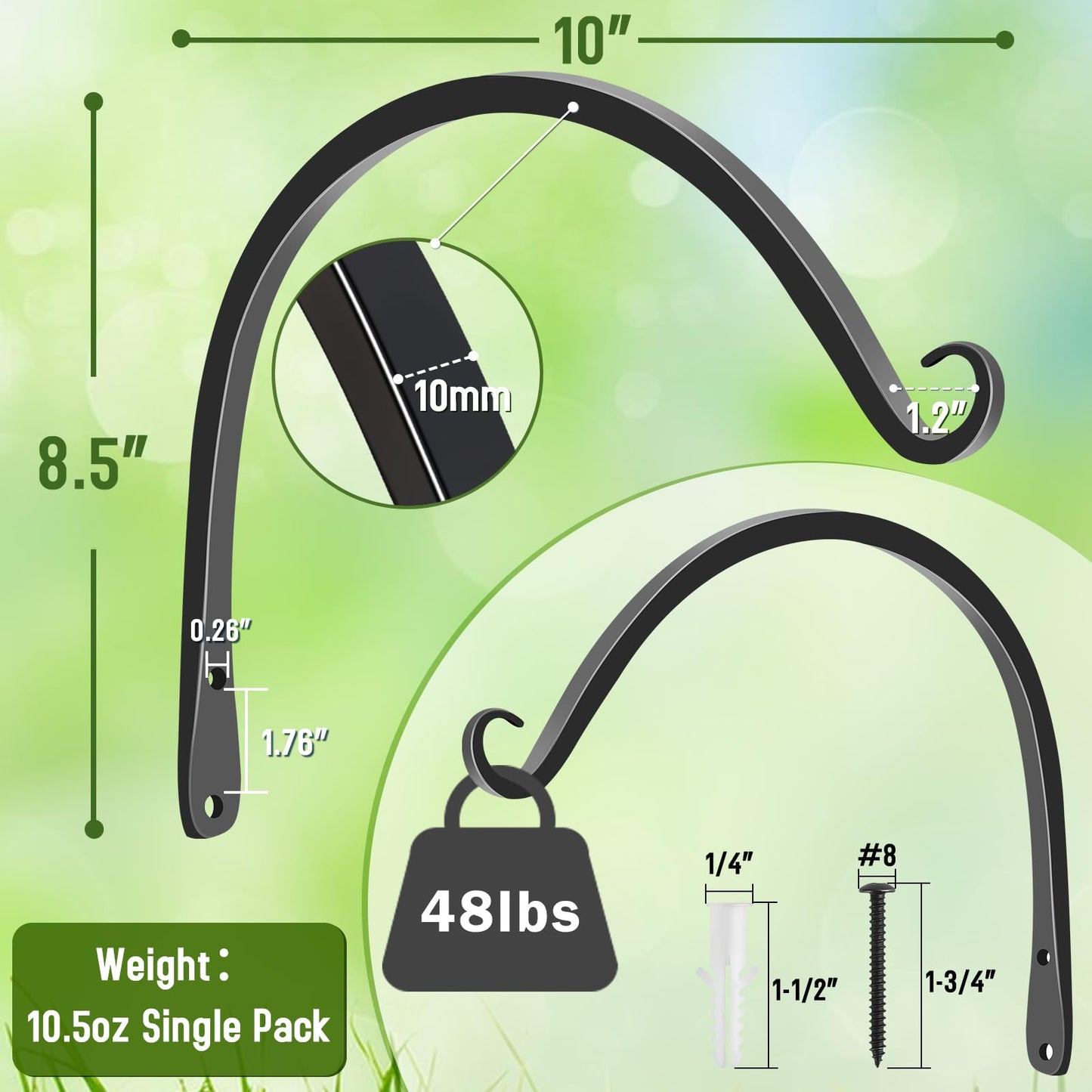 FEED GARDEN 2 Pack 10 Inch Hanging Plant Bracket Wall Hooks Decorative Plant Hangers for Outdoor Hanging Bird Feeders, Wind Chimes, Plant Baskets, Black