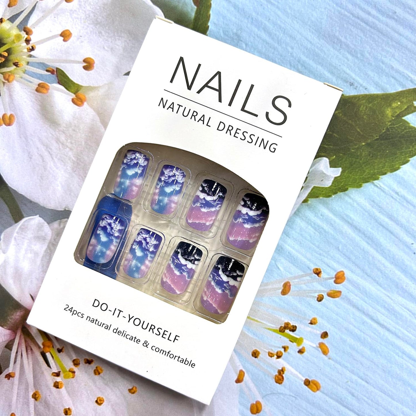 CJDLTS Press On Nails - Medium Aurora Sky Clouds Design, Glossy Full Cover Acrylic Coffin Nails, Reusable Glue On DIY Stick On Nails for Women, 24 Pcs