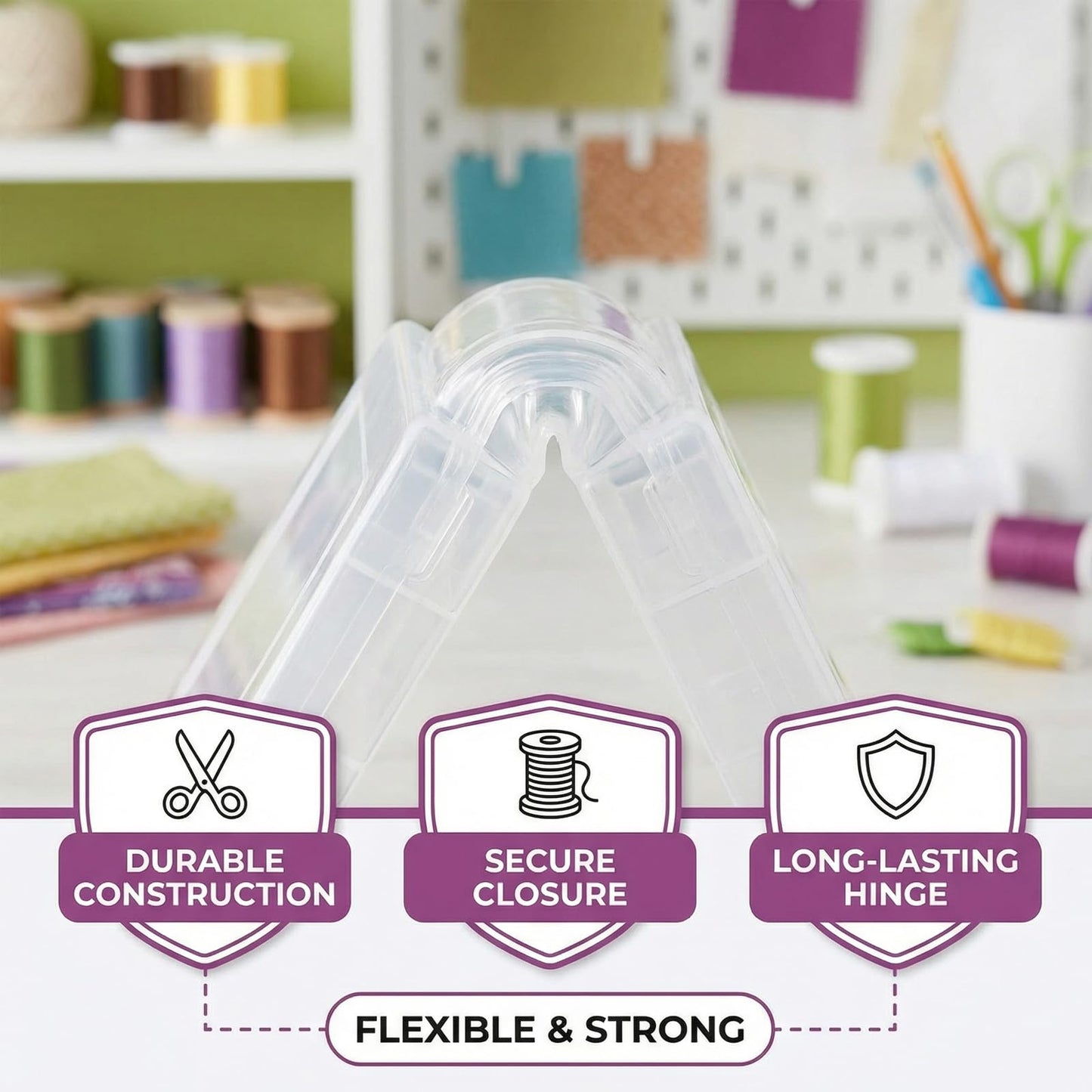 Essentials By Leisure Arts Embroidery Floss Organizer Box with 100 Bobbins, 17 Compartment Clear Storage Case with Living Hinge, Tangle Free Floss Storage, 10.63 x 7.19 x 1.75 Inch