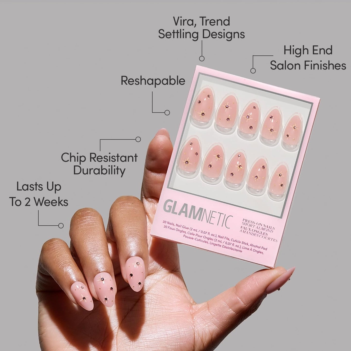 Glamnetic Press-On Nails Bundle - Snow Bunny & Pink Comet | Pale Blue Short Almond Fake Nails with French Tips & 3D Snowflake Designs | Pale Pink Short Almond Fake Nails with 3D Gems | Durable, Salon-