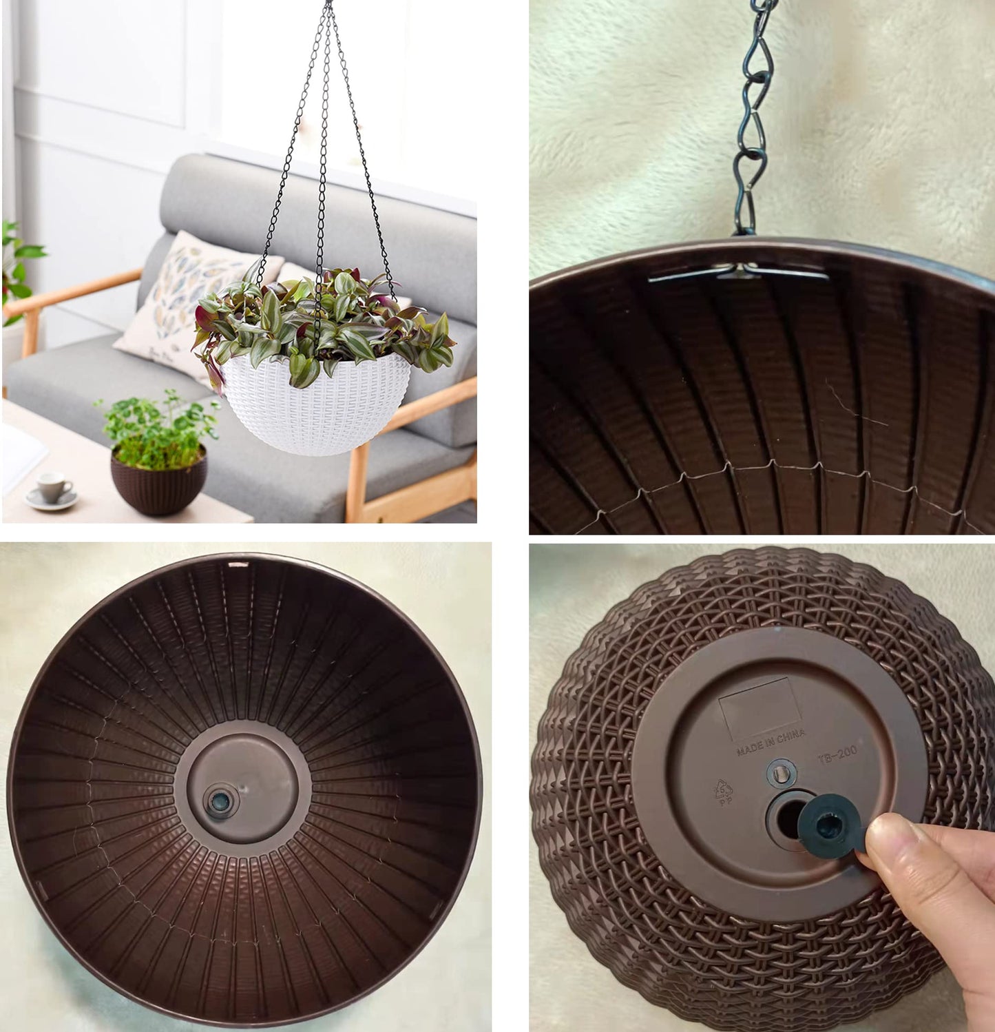 THUSIBER Hanging Basket Plastic Flower Pot Round Resin Garden Hanging Planter for Indoor Outdoor Plants 2 Pack Brown