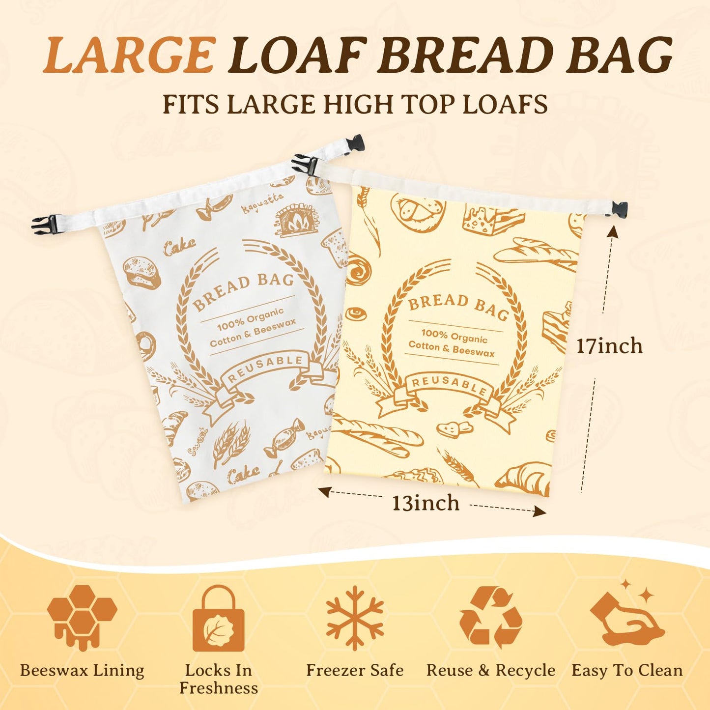 2 Pack Beeswax Bread Bags for Sourdough & Homemade Bread - Natural Cotton Sourdough Reusable Beeswax Food Storage Bag, Freezer-Safe, Keep Bread Fresh