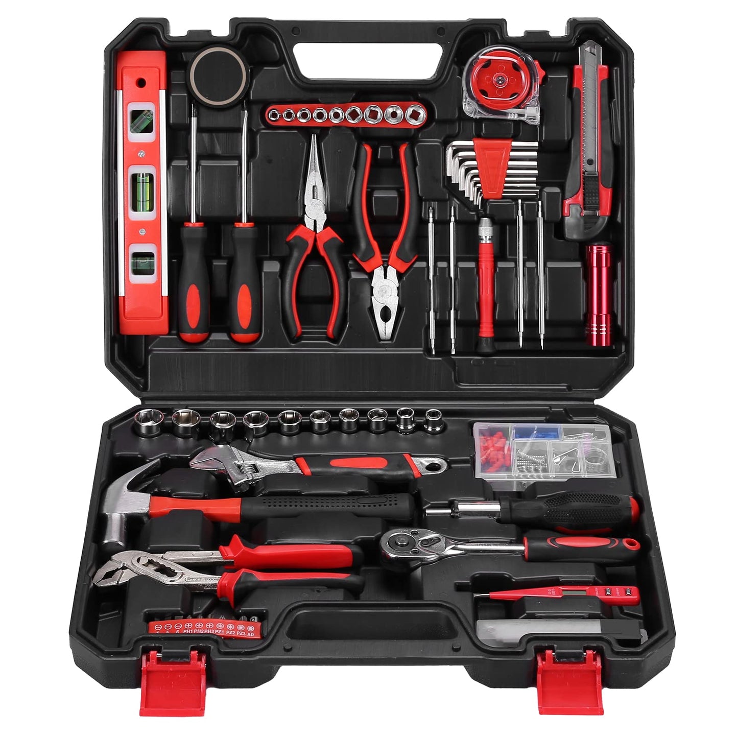 Yougfin 120 Piece Basic Tool Set General Household Hand Kit with Plastic Toolbox Storage Case Red & Black for Men &Women