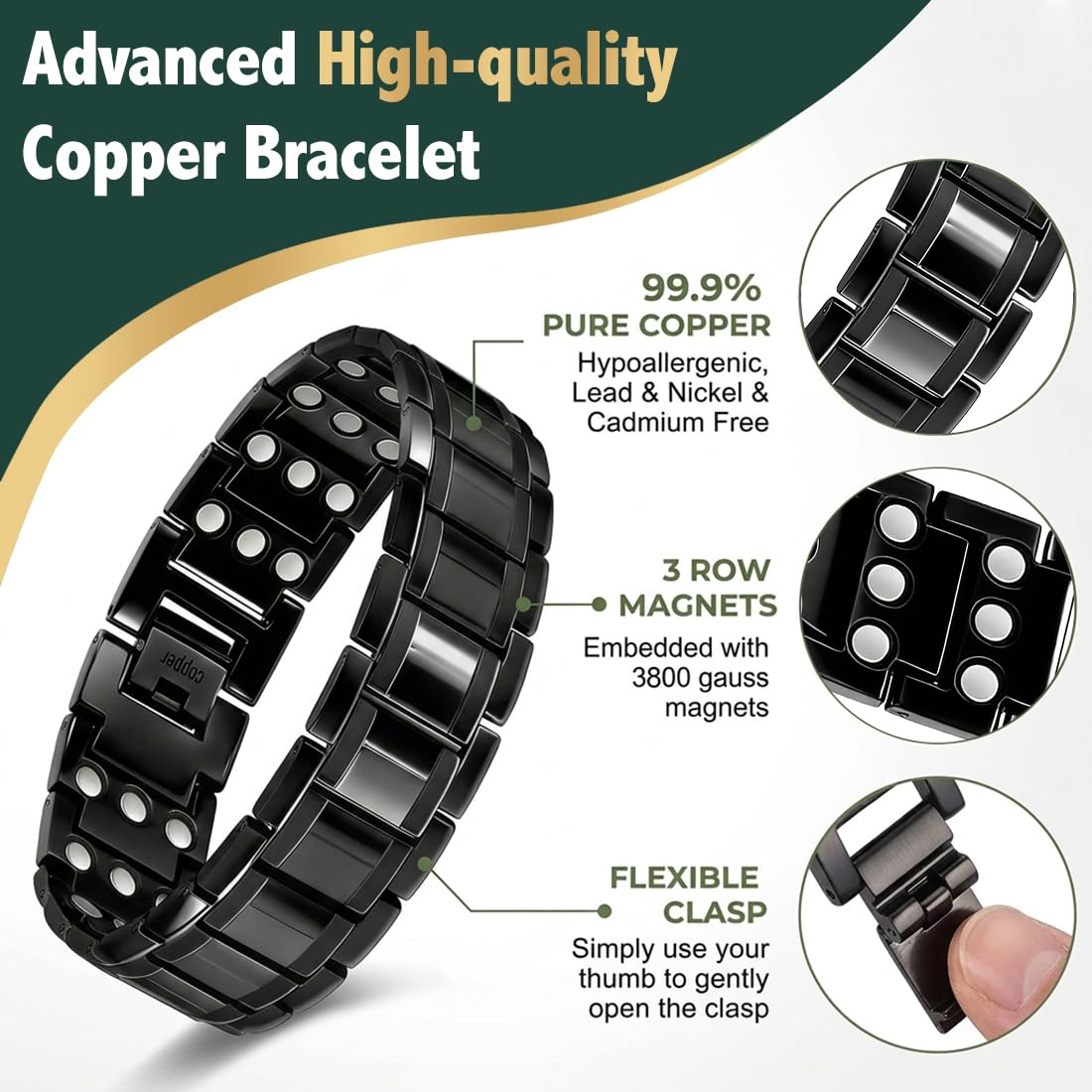 Vicmag Copper Magnetic Bracelet for Men, 3X Strength Magnets, Pure Copper Bracelet & 9X Magnet Ring Set, Adjustable Fit with Sizing Tool(Classic Black)