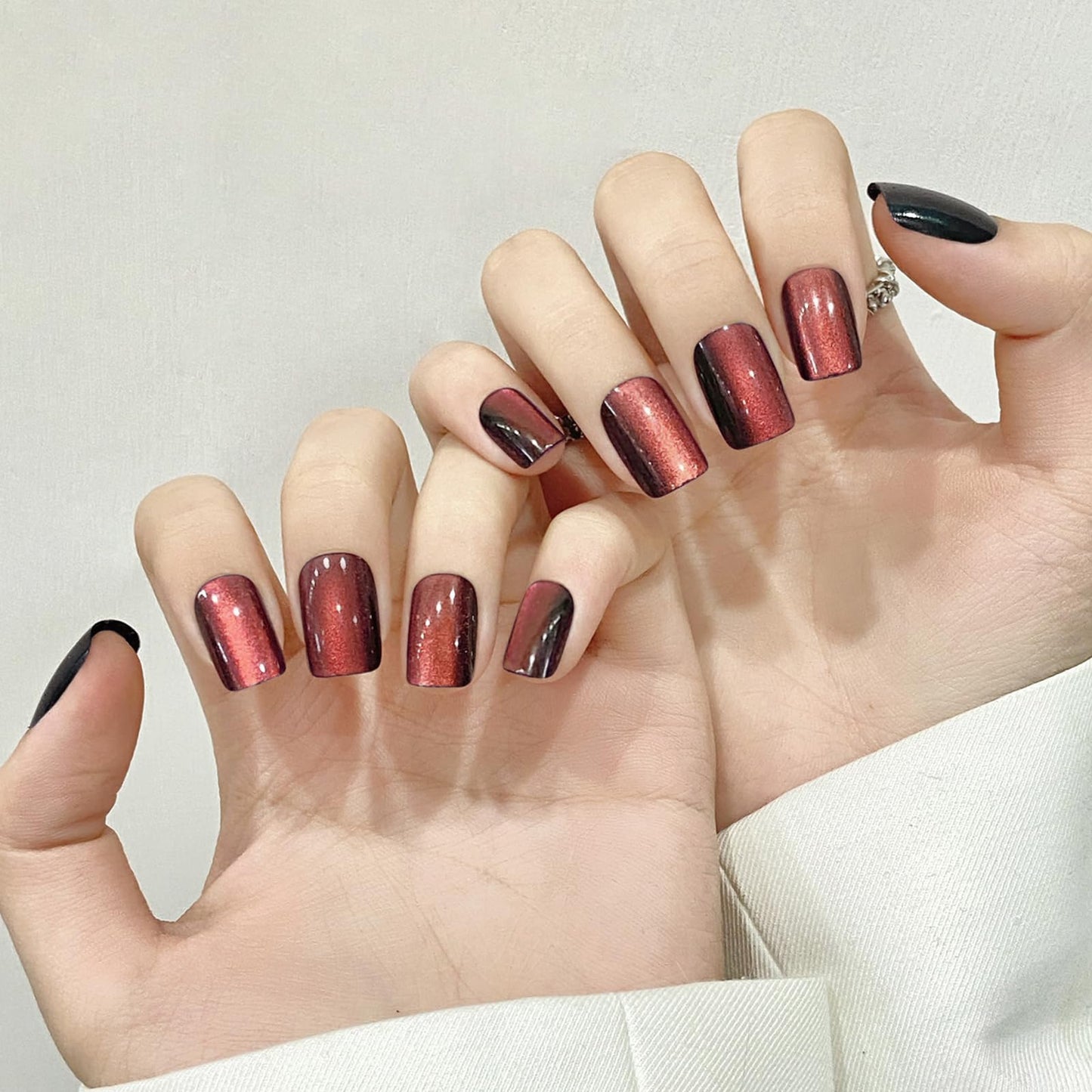 Brown Red Cat Eyes Press On Nails,12 Sizes-24 Pcs Soft Gel Brown Red Medium Square Fake Nails Kit with Nail Glue, Natural Reusable Stick On False Nails for Women and Girls (Skycloud Nails) SK0927
