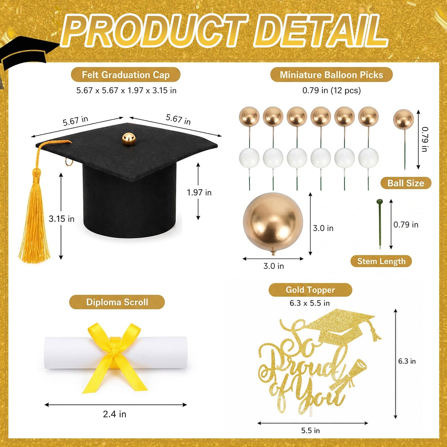 43 Pcs Graduation Cake Kit Included Felt Grad Cap with Tassel Grad Cake Topper Graduations Party Supplies So Proud of You Cupcake Topper for Congrats Senior High School College Party Decor(Gold White)
