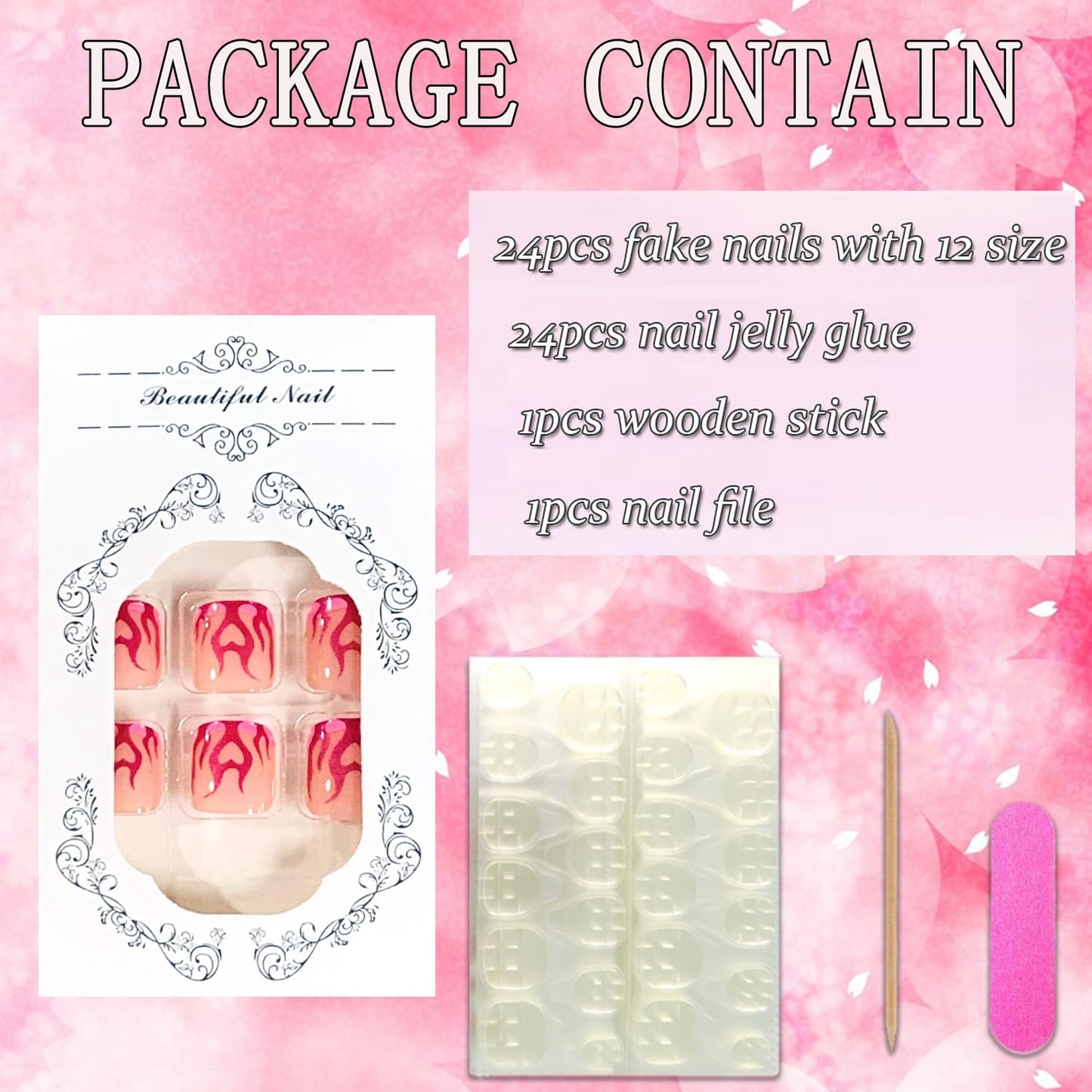 FIEONCIY 24pcs Press-on Square Acrylic False Nails Set with Glue, Pink French & Flame Designs, Spring & Summer, Full Cover Nails, Women's DIY Manicure