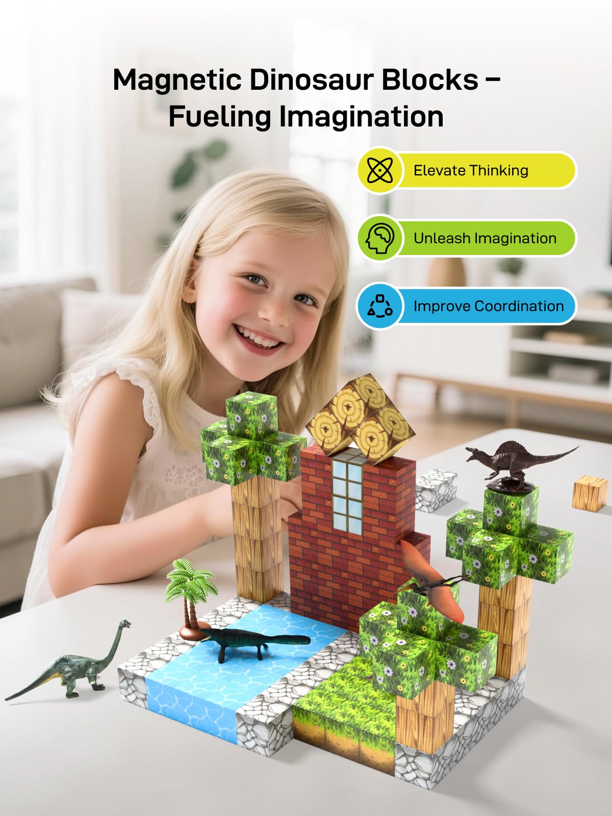 Veecafiodi Magnetic Blocks 108PCS, Dinosaur Magnetic Building Blocks with 6 Dinosaur Figures, Magnetic Blocks for Kids Ages 3-5, 4-8, STEM Construction Toy