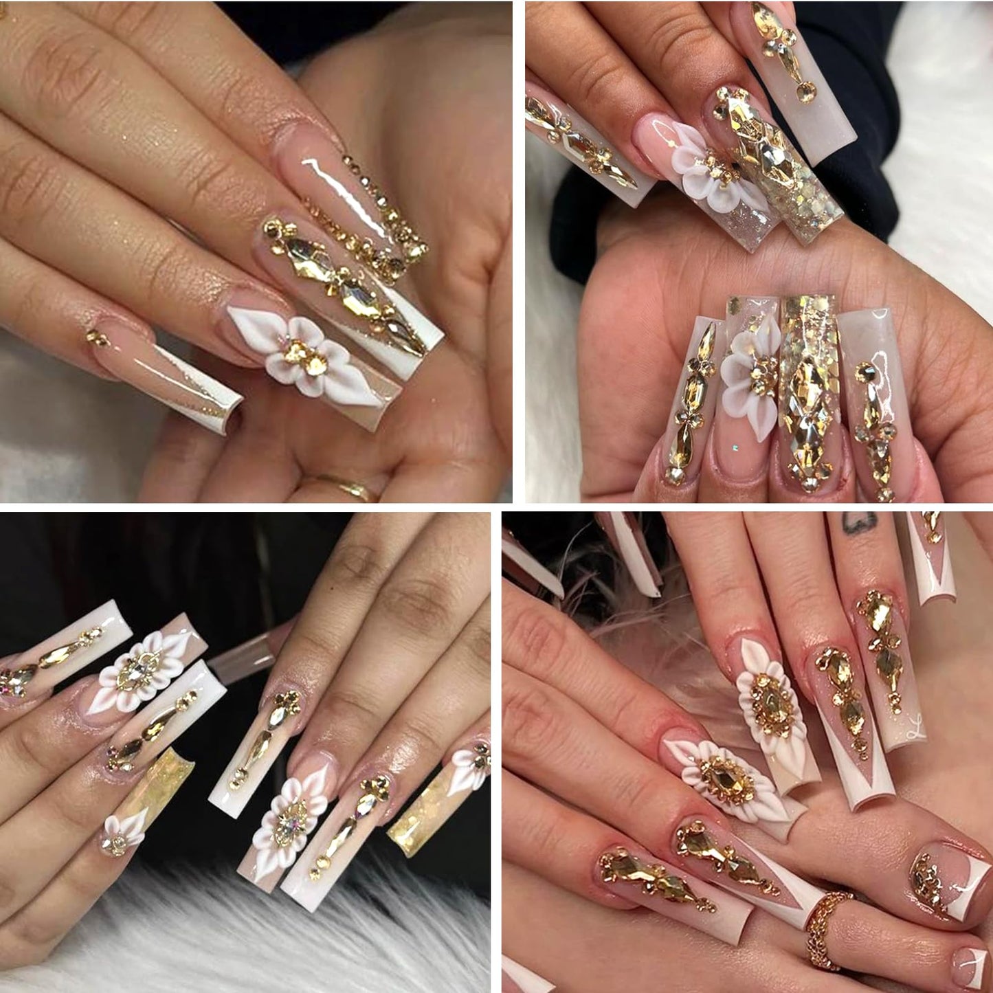 HNUIX Nail Rhinestones - 4550pcs Champagne Gold, Multiple Shape Gems, Flatback Crystal Rhinestones, with Kit and Glue Gel, for Nail Art