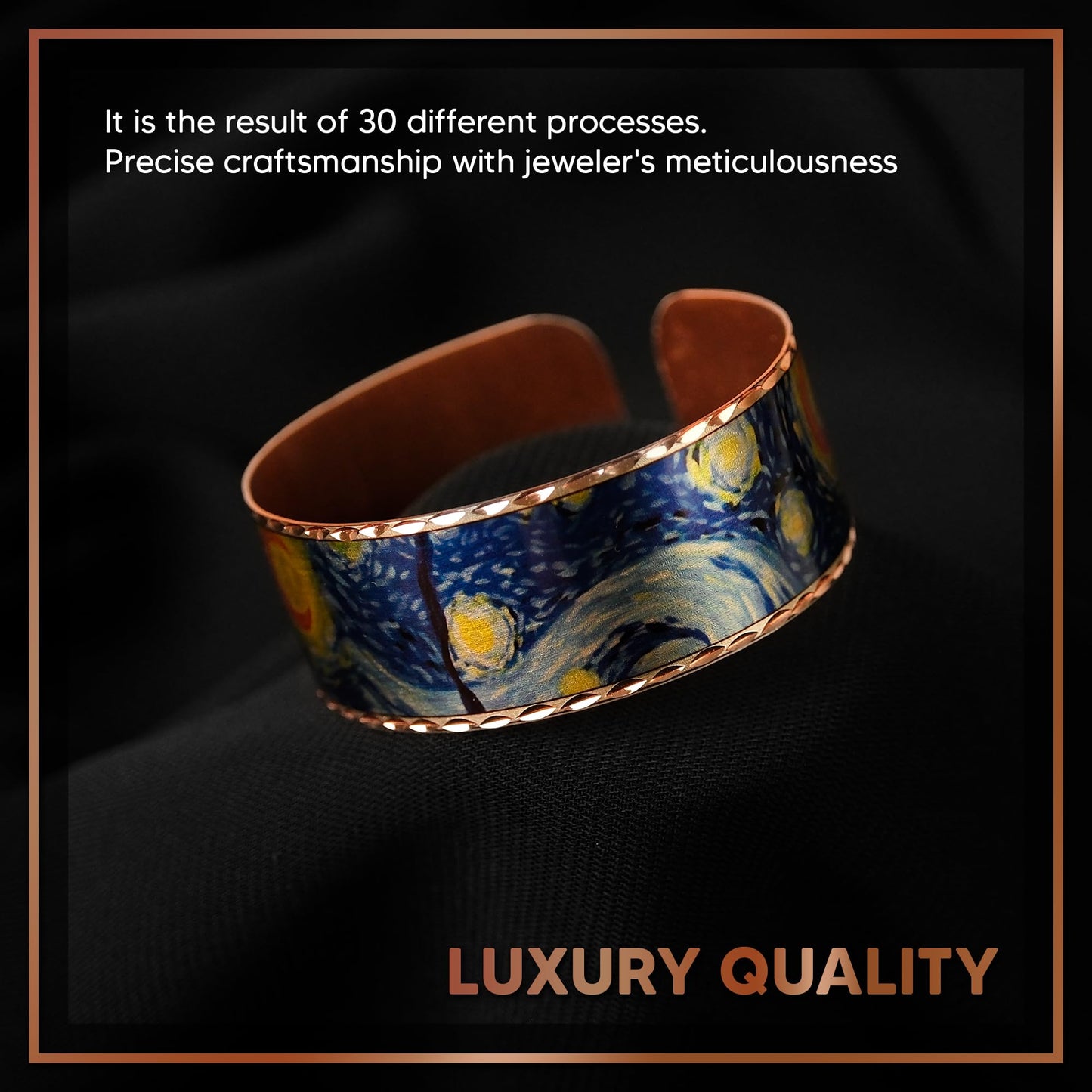 Moreni Copper Bracelet for Men & Women – Handmade Engraved Cuff Inspired by “The Starry Night” – Artistic Pure Copper Jewelry with Gift Wooden Box