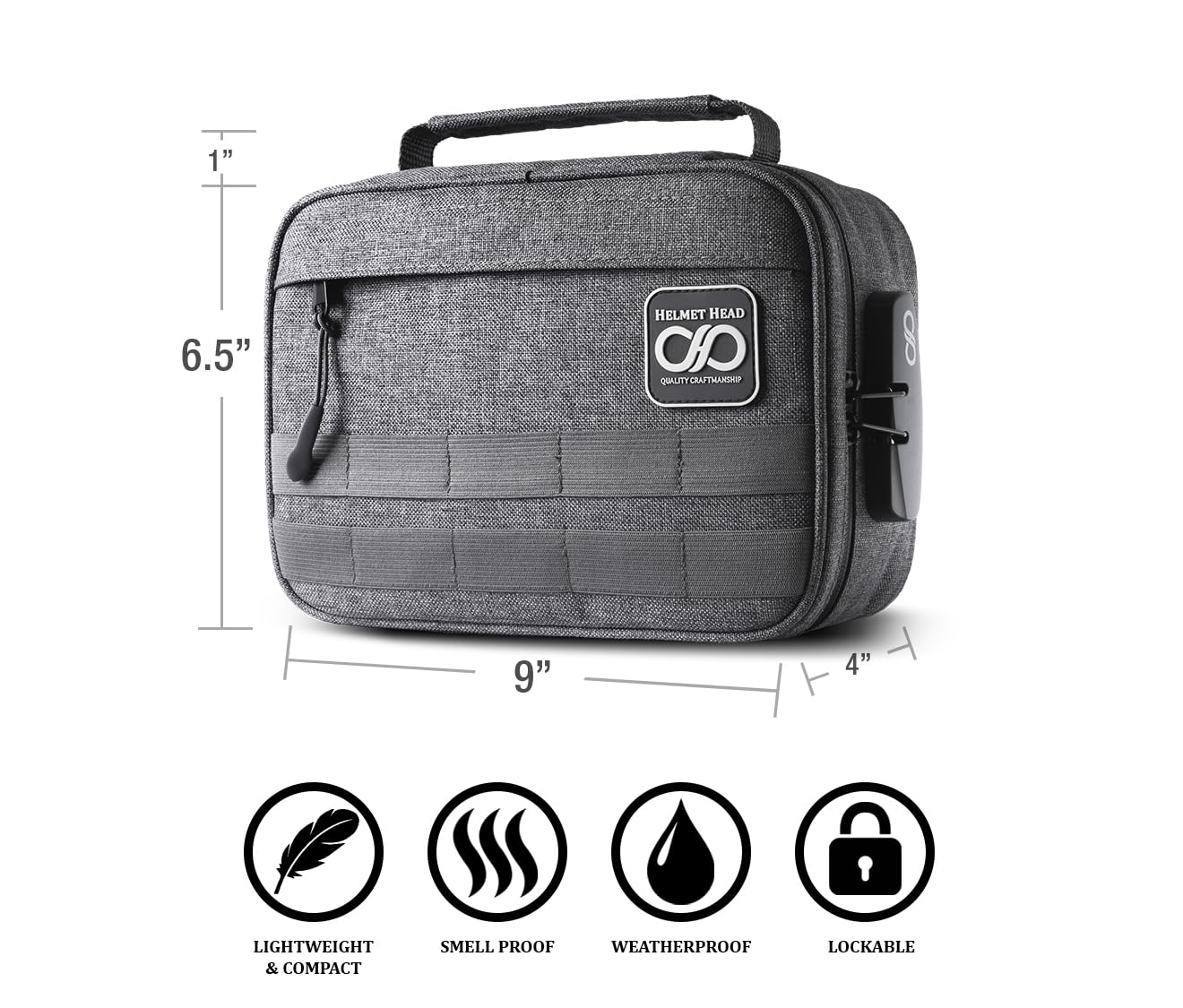 HELMET HEAD Smell Proof Bag with Lock – Odor Proof Stash Bag Organizer with Metal Tray & Mylar Bags, Lockable Travel Storage Case for Herbs, Medicine Organizer & Valuables (Gray)