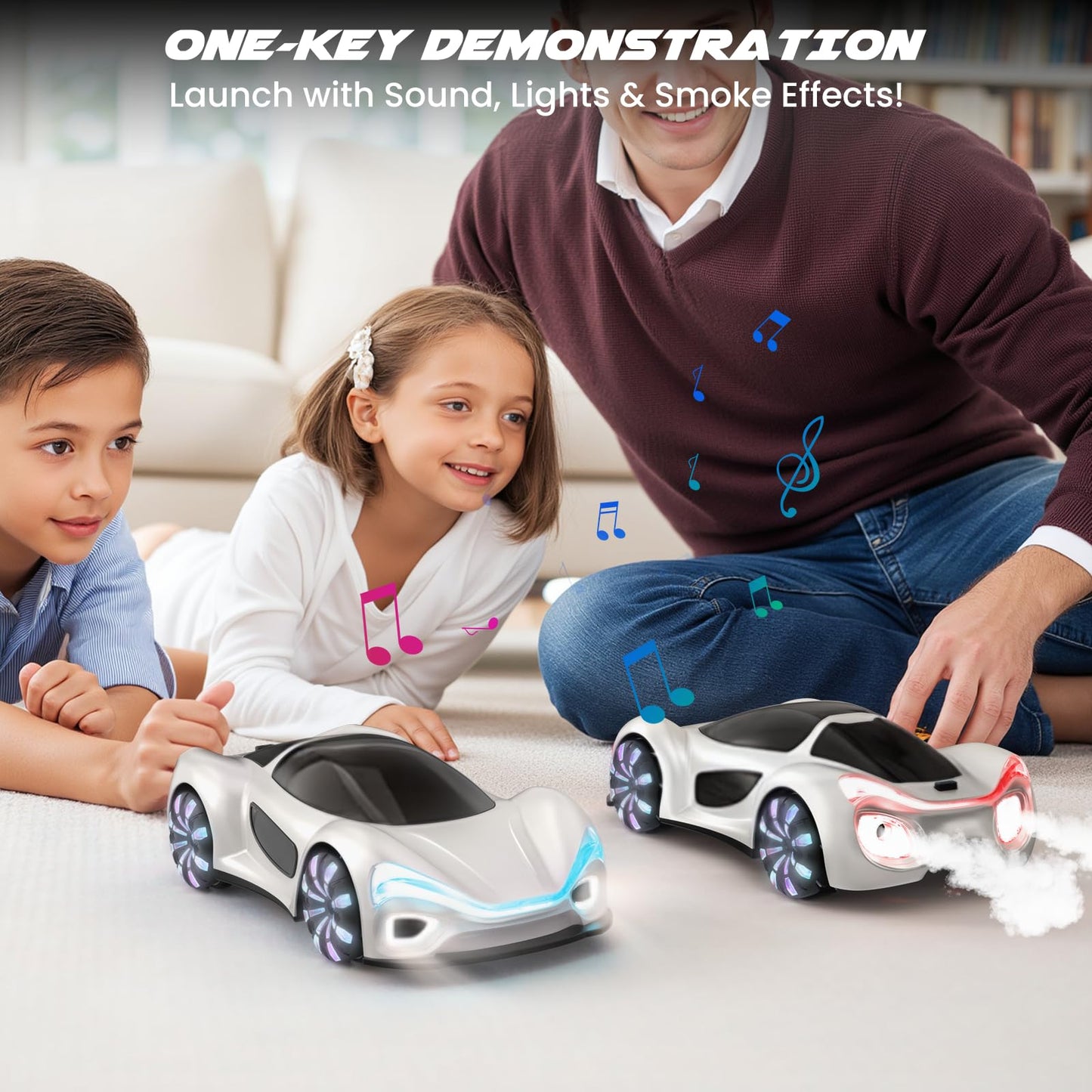 SIMREX Gesture Sensing Remote Control Car with Charging Dock - 360° Rotate Drift RC Stunt Car Toy, 40 Min Playtime, Dual Control, Spray Mist & LED Lights, Birthday Gift for Kids Boys Girls（White）