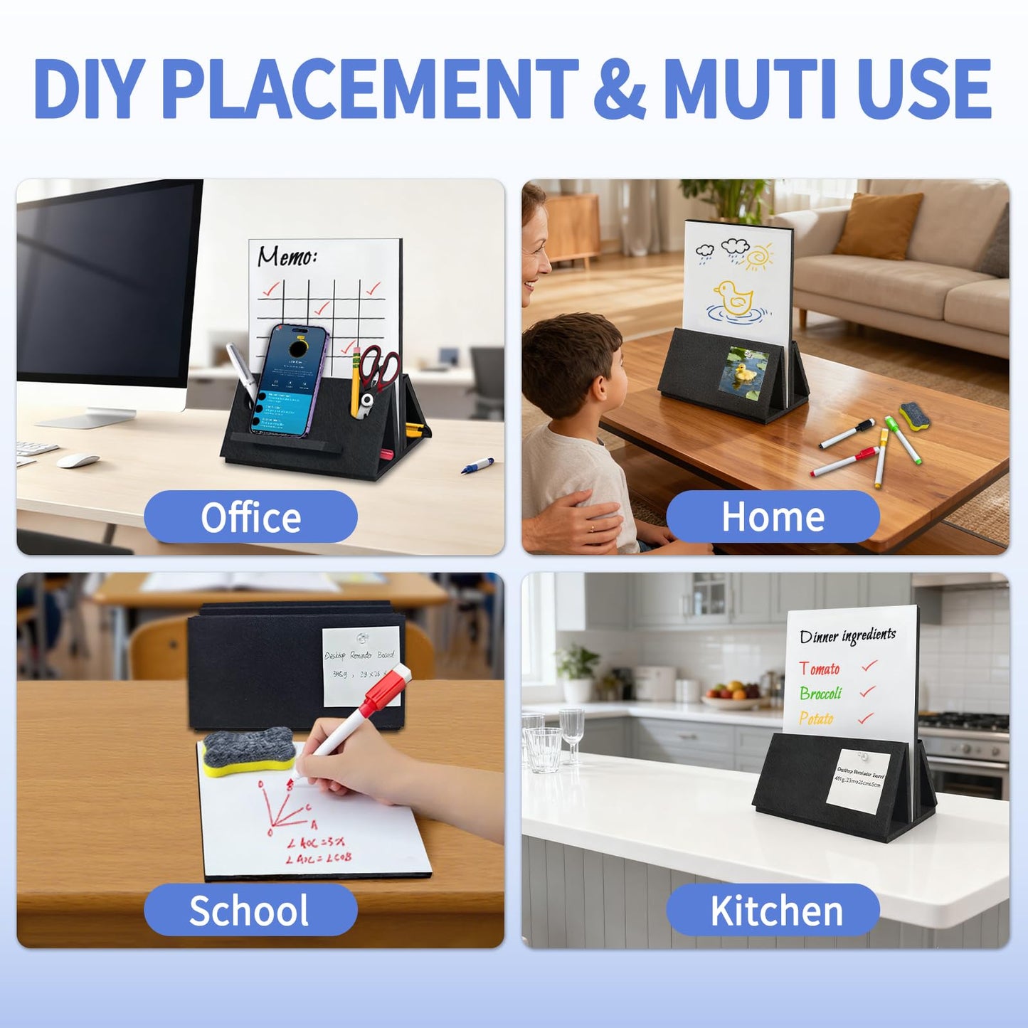 BXI Felt Small Desktop Whiteboard Combo- 8 x 10 Inches Double-Sided Magnetic Dry Erase Board, Portable Reusable Desk Notepad with Stand, Versatile Writing Sticky Note Board for Office Home School