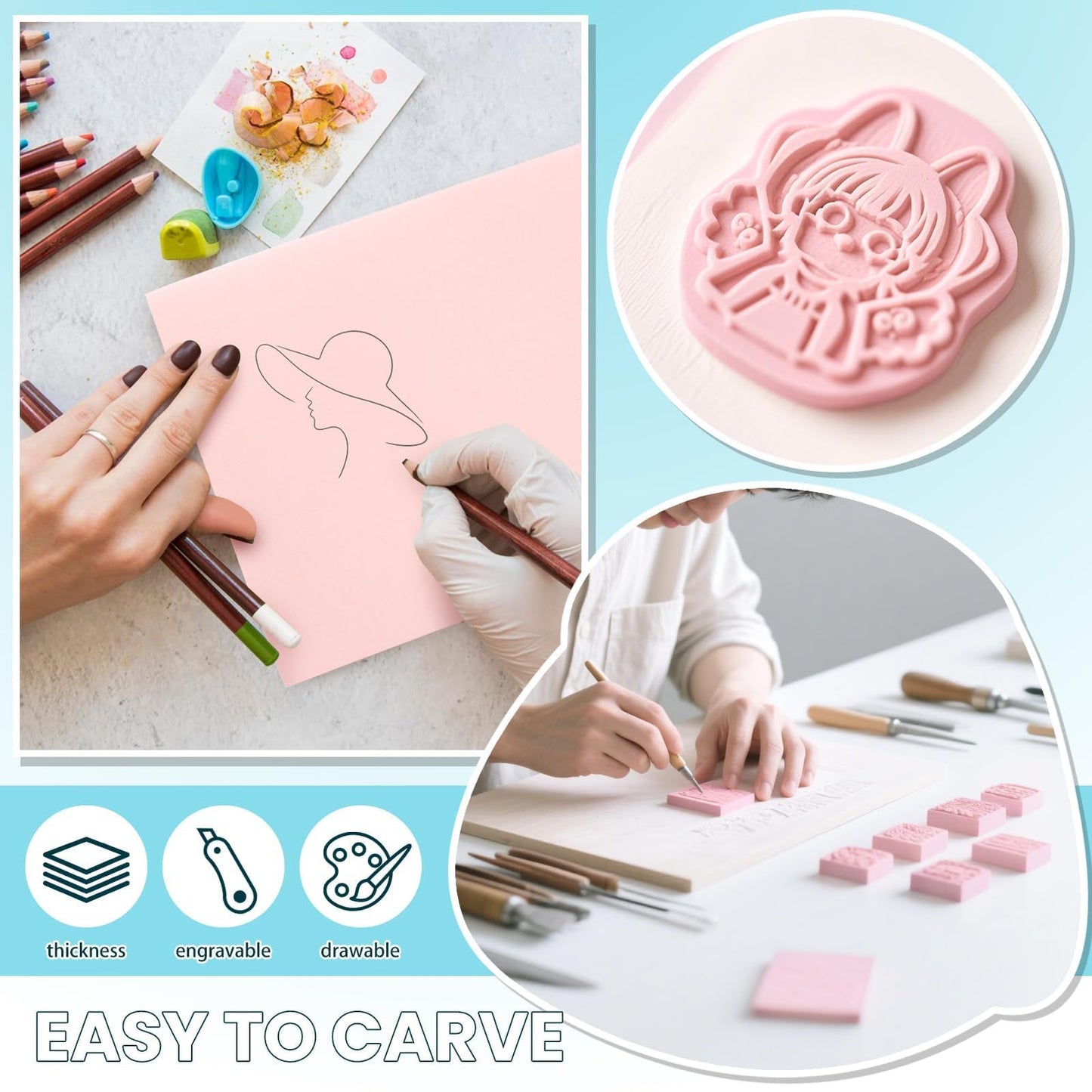6 Pack 8''x10'' Pink Rubber Stamp Carving Blocks Soft Carving Blocks for DIY Stamp Making, Printmaking, Art Projects Craft Supplies for Beginners & Professionals