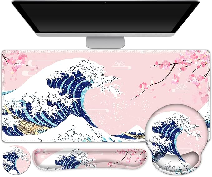 Gaming Mouse Pad, Large Desk Mat, Cute Desk Pad Protector, Pink Cherry Blossoms XXL Mousepad + Keyboard Wrist Rest+Mouse Wrist Rest+Coaster Set with Ergonomic Desk Pad, Japanese Wave of Kanagawa