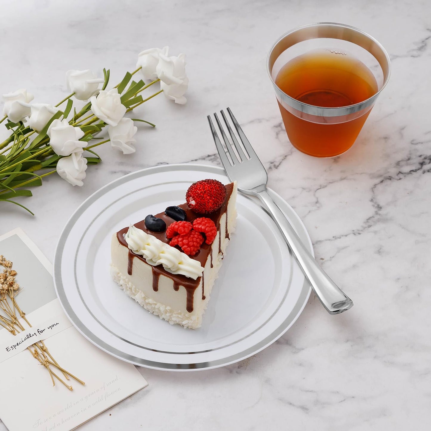 BESTVIP 600PCS Silver Dinnerware Set for 100 Guests, Plastic Plates for Party, 100 Silver Disposable Plates, 100 Dessert Plates, 100 Cups, 100 Spoons, 100 Forks and 100 Knives