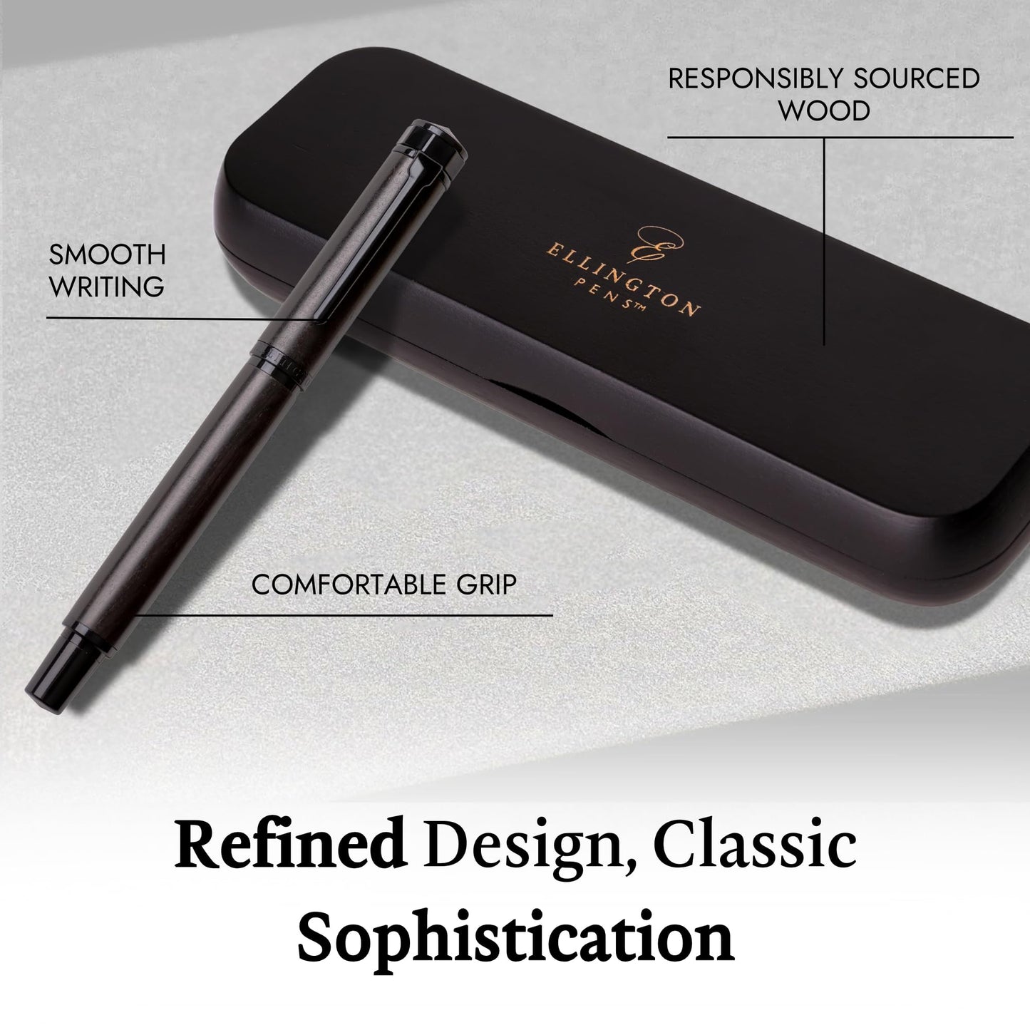 Ellington Pens Luxury Wood Fountain Pen Set – Fine Nib - Includes 6 Ink Cartridges, Wooden Pen Gift Box, Ink Converter - Wood Pen For Writing, Calligraphy, Journaling, Drawing (Ebon Elegance)