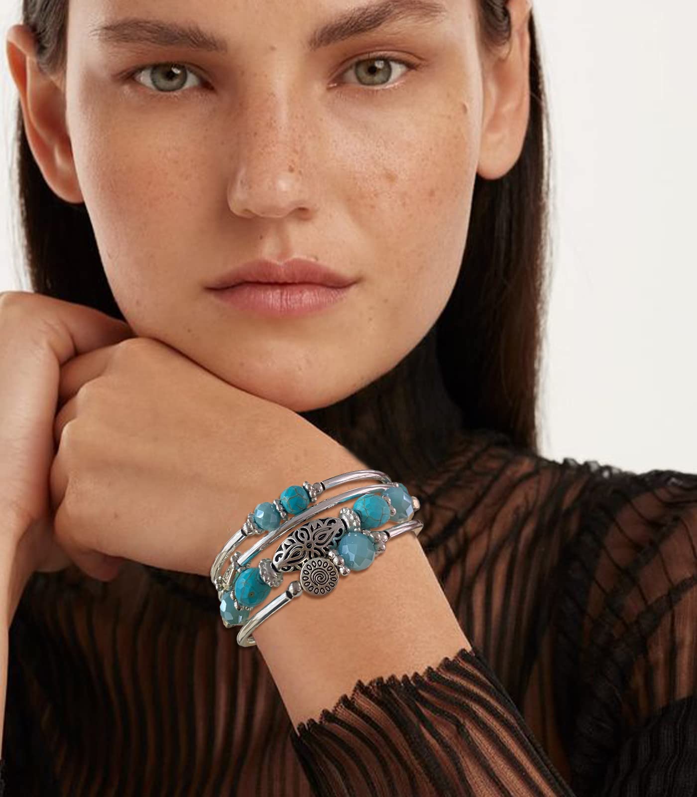 FULU AUTUMN Stackable Beaded Bracelet for Women Boho Wrap Silver Bracelet Layered Fashion Jewelry Gift for Her (Turquoise 2)