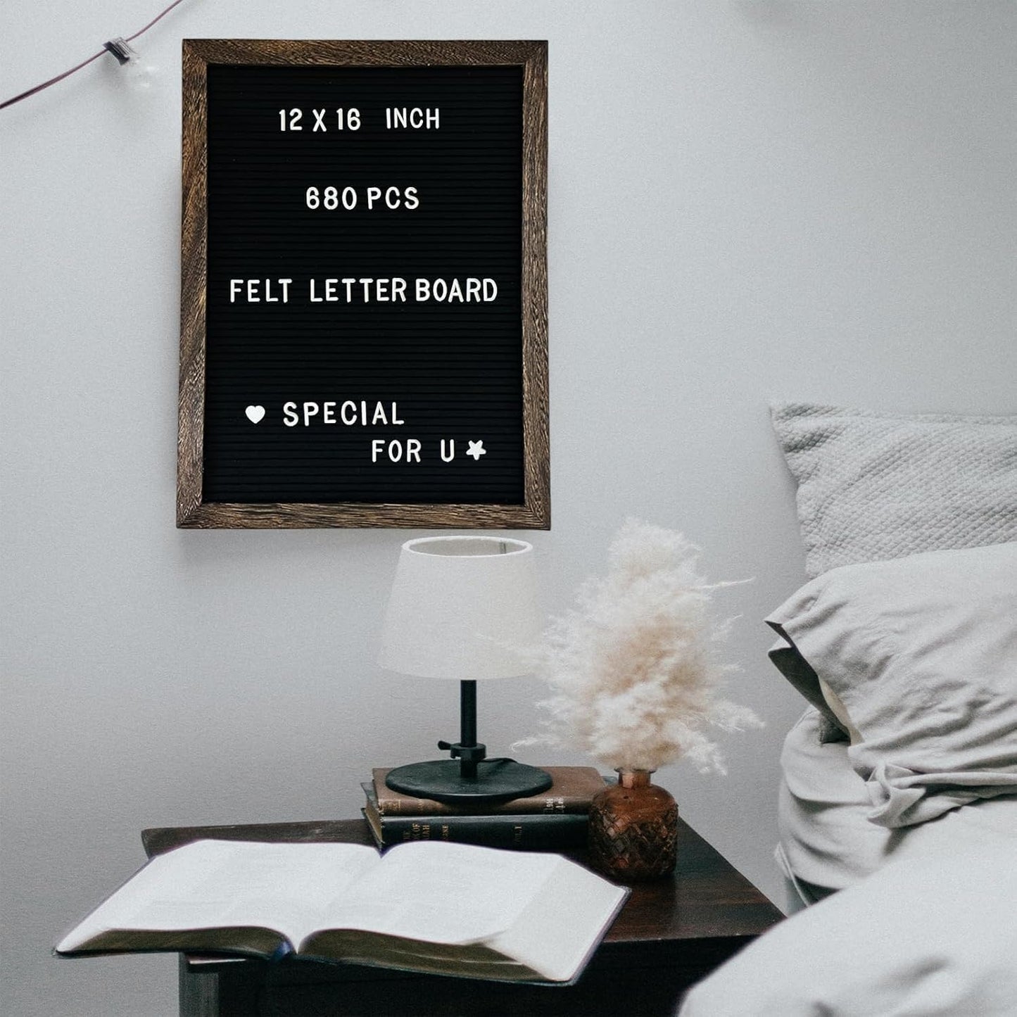 Felt Letter Board 12x16" – 680 Letters, Numbers & Symbols, Wall Mount or Stand Display, Changeable Message Board for Quotes & Notes, Home/School/Office/Hotel/Restaurant/ Coffee Shop, 1 Storage Bags, Dark Brown Wood Frame