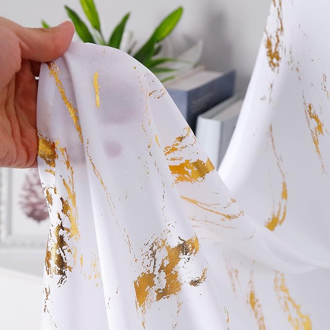 Taisier Home Gold Foil Print Linen Textured Curtains - Geometric Marble Pattern Design for Living Room - Light Filtering Window Treatment, 2 Panels, 72" L, White and Gold