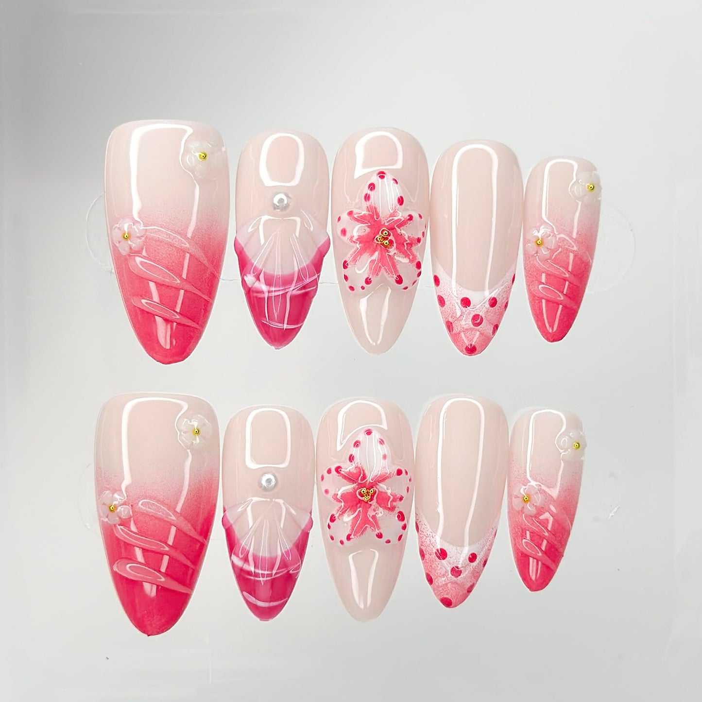 Luxury Press on Nails Medium Almond Handmade 3D Unique Reusable ABS Material Fake Nails Pink False Nails with Designs Floral Art Petal Glossy Glue on Nails Thick Acrylic Nails(S)