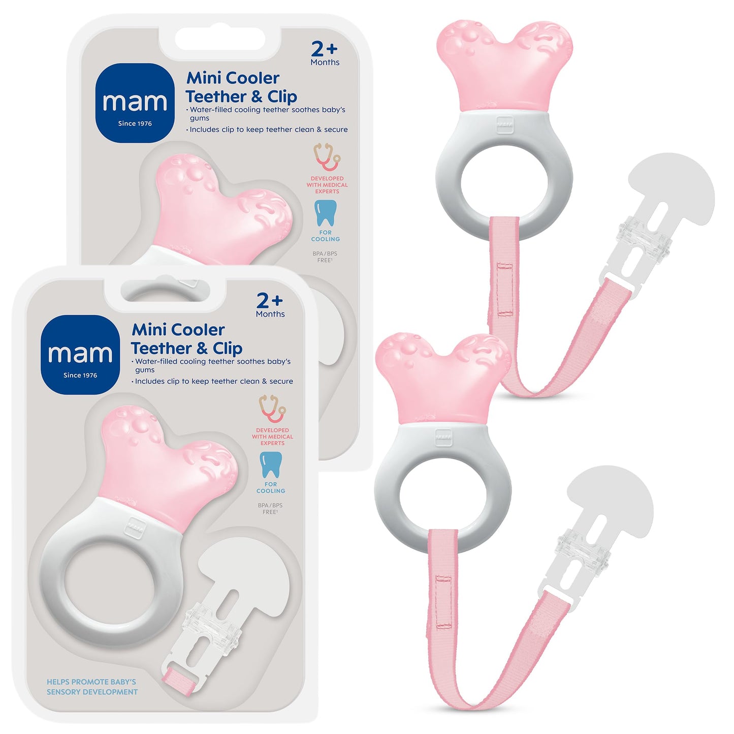 MAM Mini Cooler Baby Teether with Clip (2 Pack) – Cooling Teething Rings for Teething Relief, Lightweight Easy-Grip Design, Reaches Back Teeth, Refrigerator Safe Infant Teething Toy