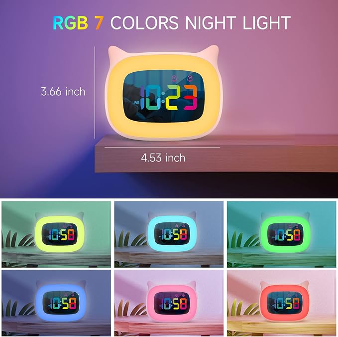 Cute Cat Ear Alarm Clock with RGB 7 Color Night Light,Pink