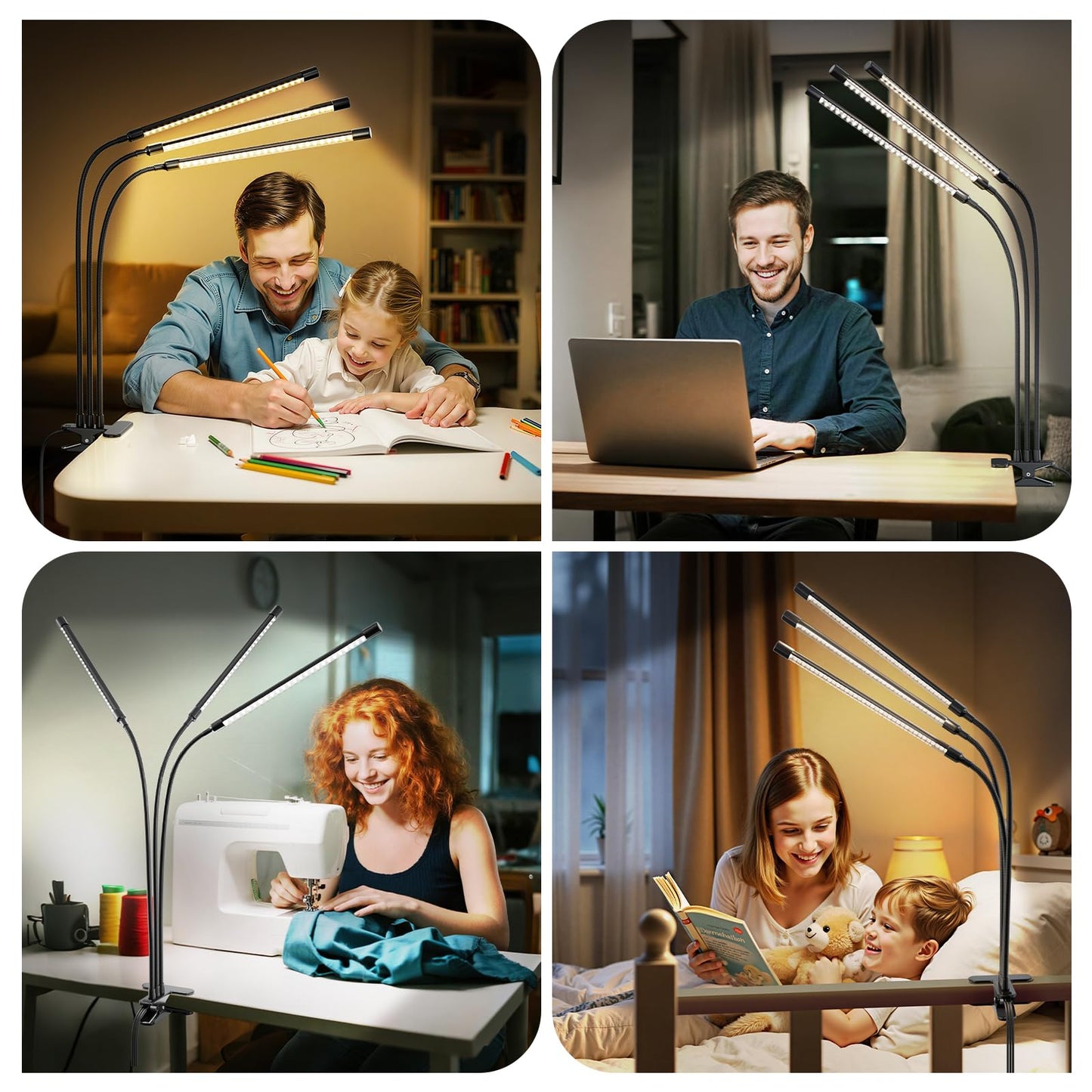 ShineTech LED Desk Lamp with Clamp, 3-Head Adjustable Gooseneck Task Lamps, Eye-Caring Stepless Dimming, 4 Color Modes, Memory & Auto-Off Timer, Clip On Desk Light for Home Office, Study, Reading