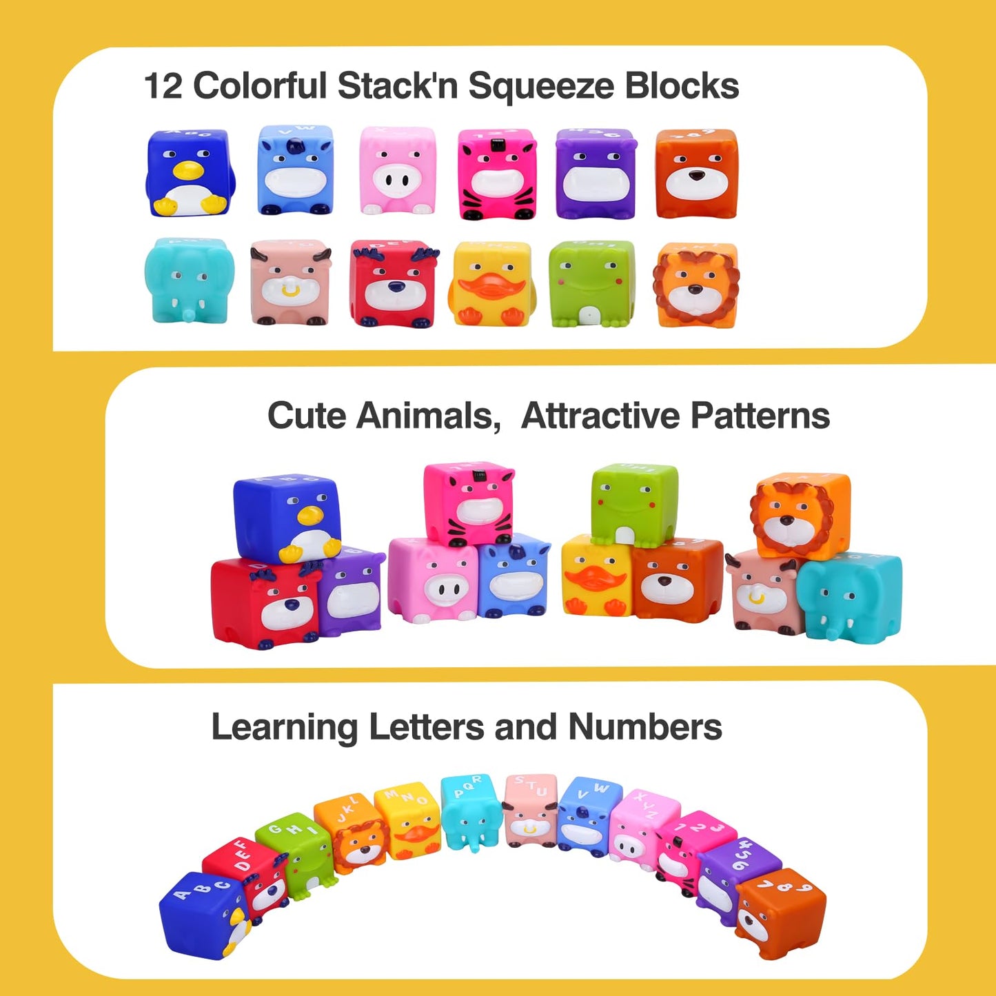 beeqoo Soft Baby Blocks – Stacking & Building Toys for Babies and Toddlers –12 Pcs No Hole Squeeze Animal Blocks – Sensory Teething Toys for Infant 6 Months+