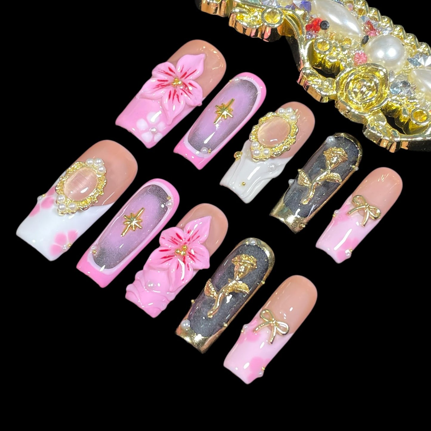 Handmade Press on Nails 3D Floral - Pink Nude Vintage Gold Rose & Pearl Design, Medium Long Square False Nails Reusable Acrylic Fake Nails (Mist Pink, S)