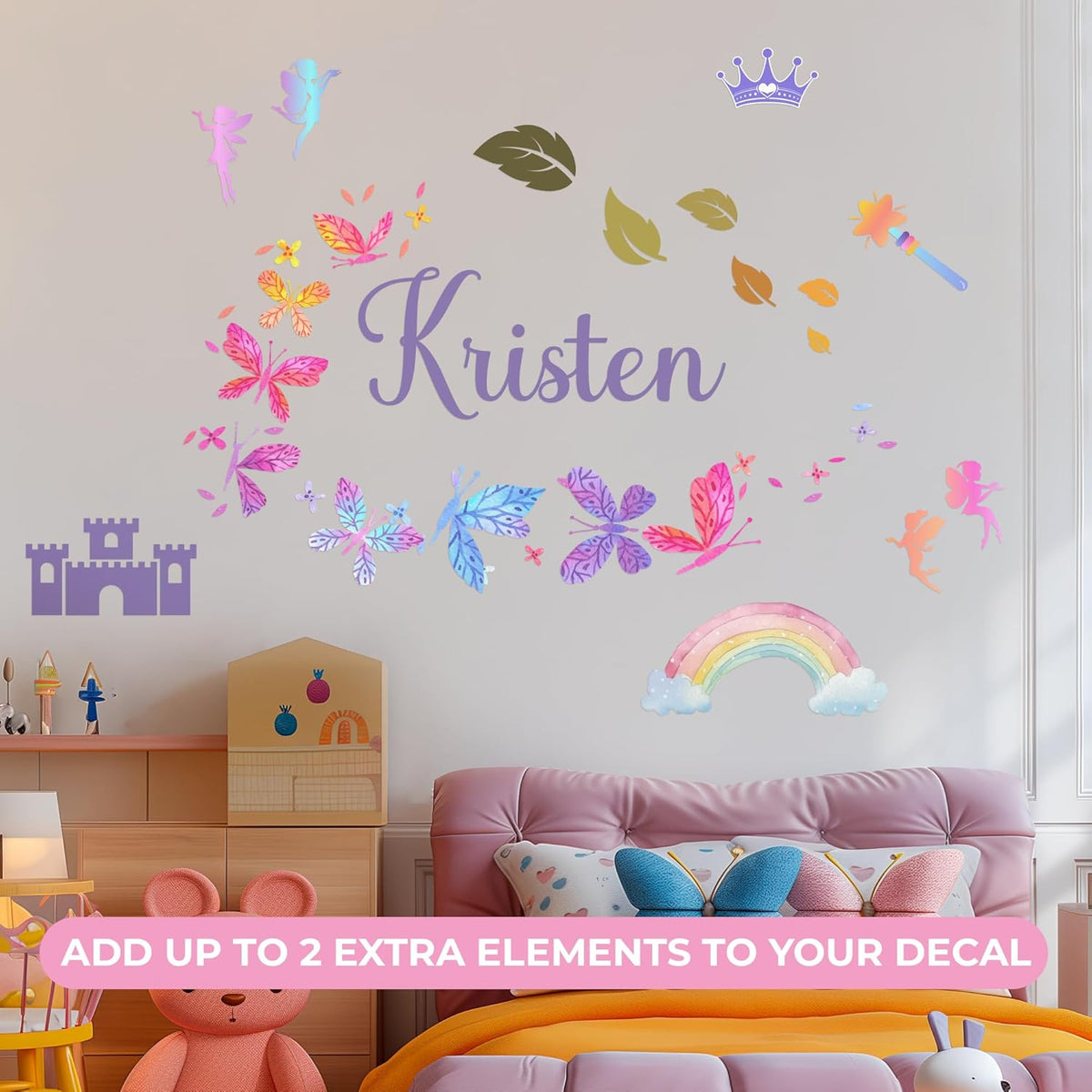 Personalized Name Wall Decals for Girls Bedroom - Butterfly Pink Room Decor with Rainbow Options - Multiple Sizes