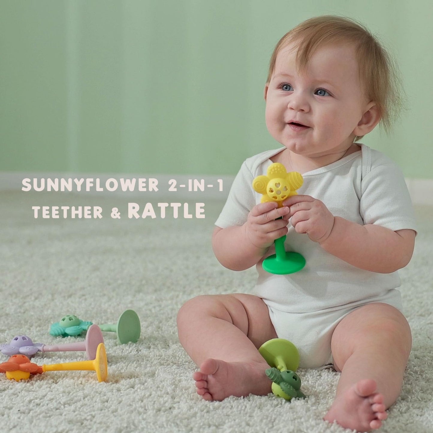 Baby Teething Toys 3-6 Months, Teether and Sensory Rattle for Babies 0-6 Months, Food Grade Silicone Teethers 6-12 Months, Infant Teething Relief Chew Toys, Sunnyflower Teether Toy BPA Free - Purple