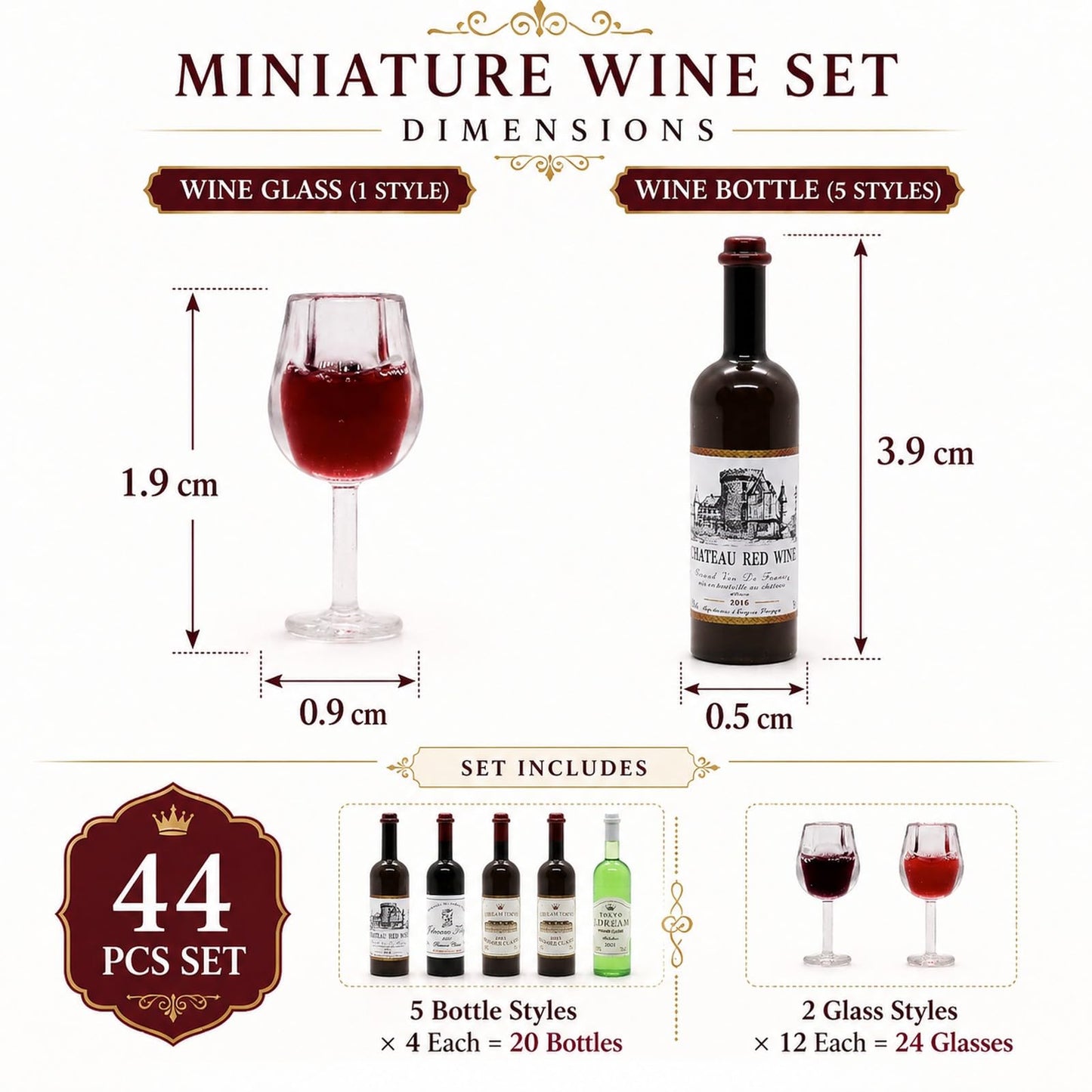 LUOZZY 44 PCS 1:12 Miniature Red Wine Bottle & Cup Tiny Dollhouse Wine Bottles Mini Wine Glasses Dollhouse Champagne Bottles Dollhouse Kitchen Accessories