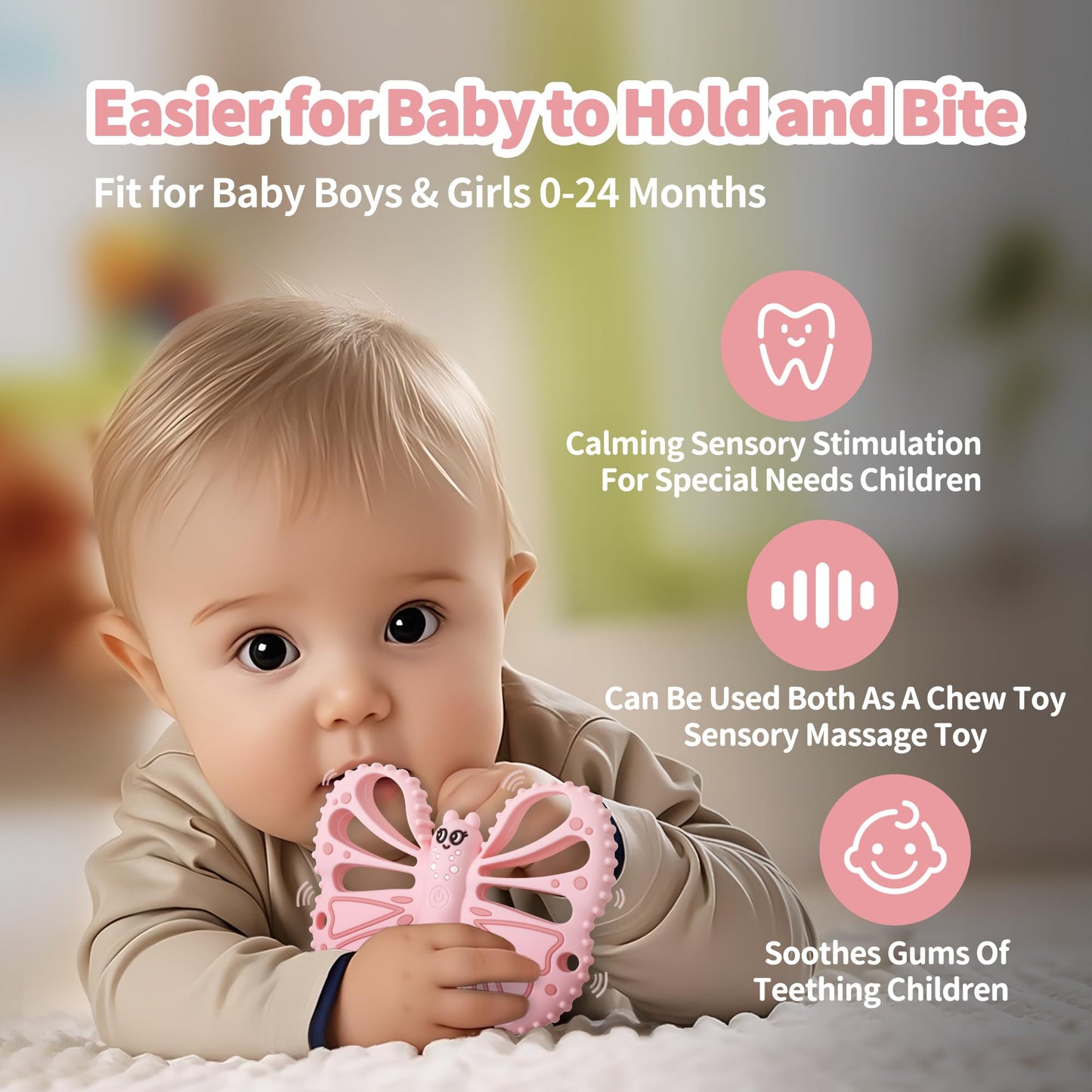 ETETOO Vibrating Teether for Baby - Sensory Chew Toy for Autistic Children & Vibrating Chewy, 10X Vibration Settings, Giving Autistic Children a Better Sensory Experience (Pink)