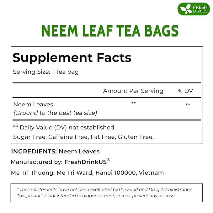 FreshDrinkUS, Premium 33 Neem Leaf Tea Bags, 100% Natural and Pure from Neem Leaves. Herbal Tea. No Sugar, No Caffeine, No Gluten, Vegan.