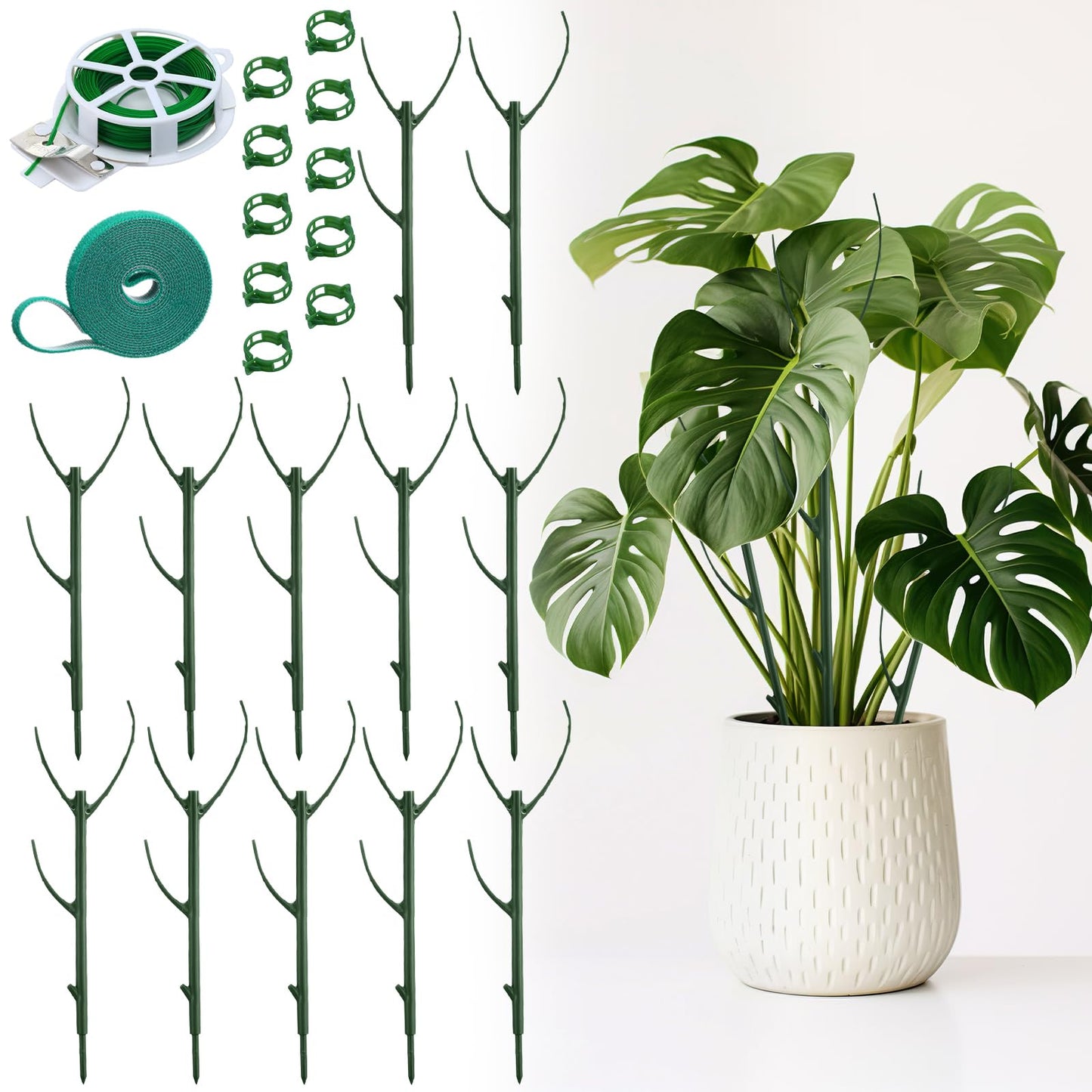BrightRow 12 Pcs Stackable Plant Support Stakes with 1 Roll 2 M Stickers, 1 Roll 20 Cable Ties, 10 Clips, Stackable Plant Support Stakes for Indoor Outdoor Plants Potted Monstera Climbing Plants