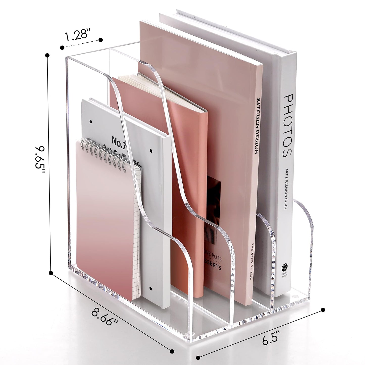 SANRUI Acrylic File Organizer, Compact Desk Organizer for Folders, Binders, Notebooks, Envelopes, Clear Magazine File Holder, 3 Section Bookshelf for School Home Office Organization, A4 Size