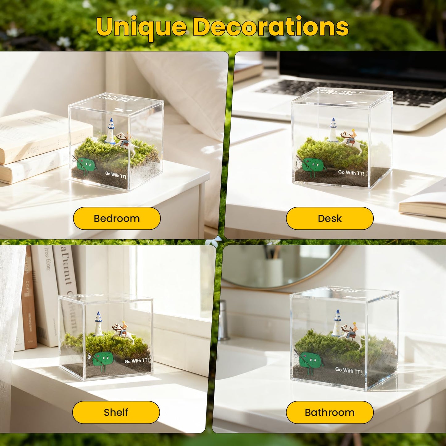 DIY Moss Terrarium Kit, 4 * 4 * 4 inch Acrylic Cube Mini Garden with Live Star Moss, Soil, Boundless Fortune-Craft Kit for Adults and Teens, Relaxing Desk Decor & Unique Gift for Home or Office