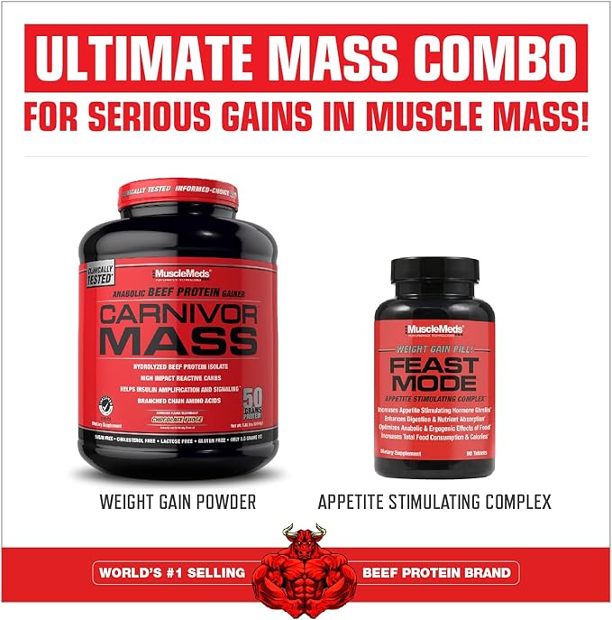 MuscleMeds Carnivor Mass Gainer Beef Protein Isolate Shake, 50 Grams Protein, 125 Grams Carbs, 0 Fat, 0 Sugar, Lactose Free, ChocolateFudge, 6 Pound