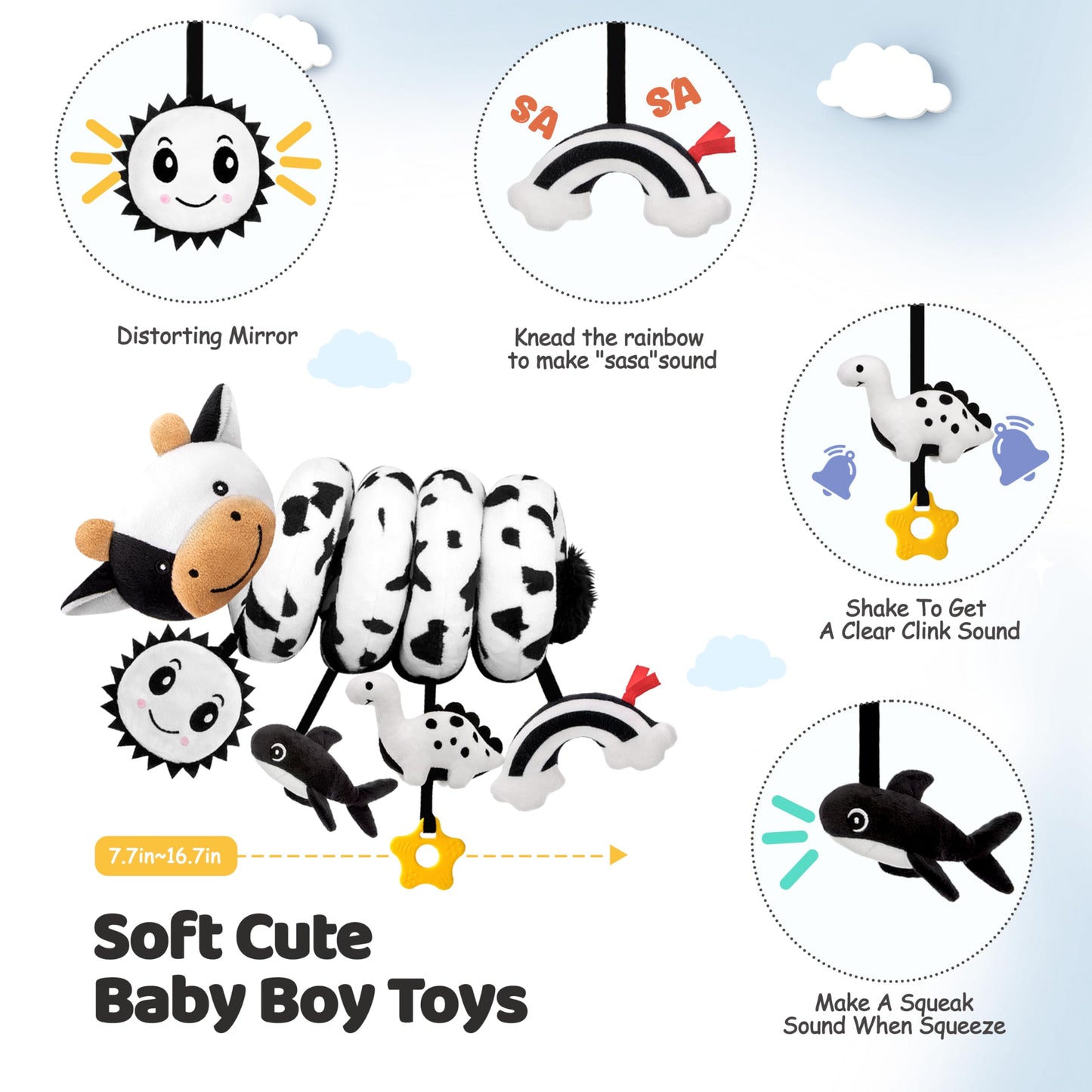 Spiral Car Seat Baby Toys 0-6 Months, Infant Carseat High Contrast Sensory Toys Hanging Stroller Accessories, Newborn Shower Gifts for Baby Boys Essentials Stuff, Cute Black and White Cow