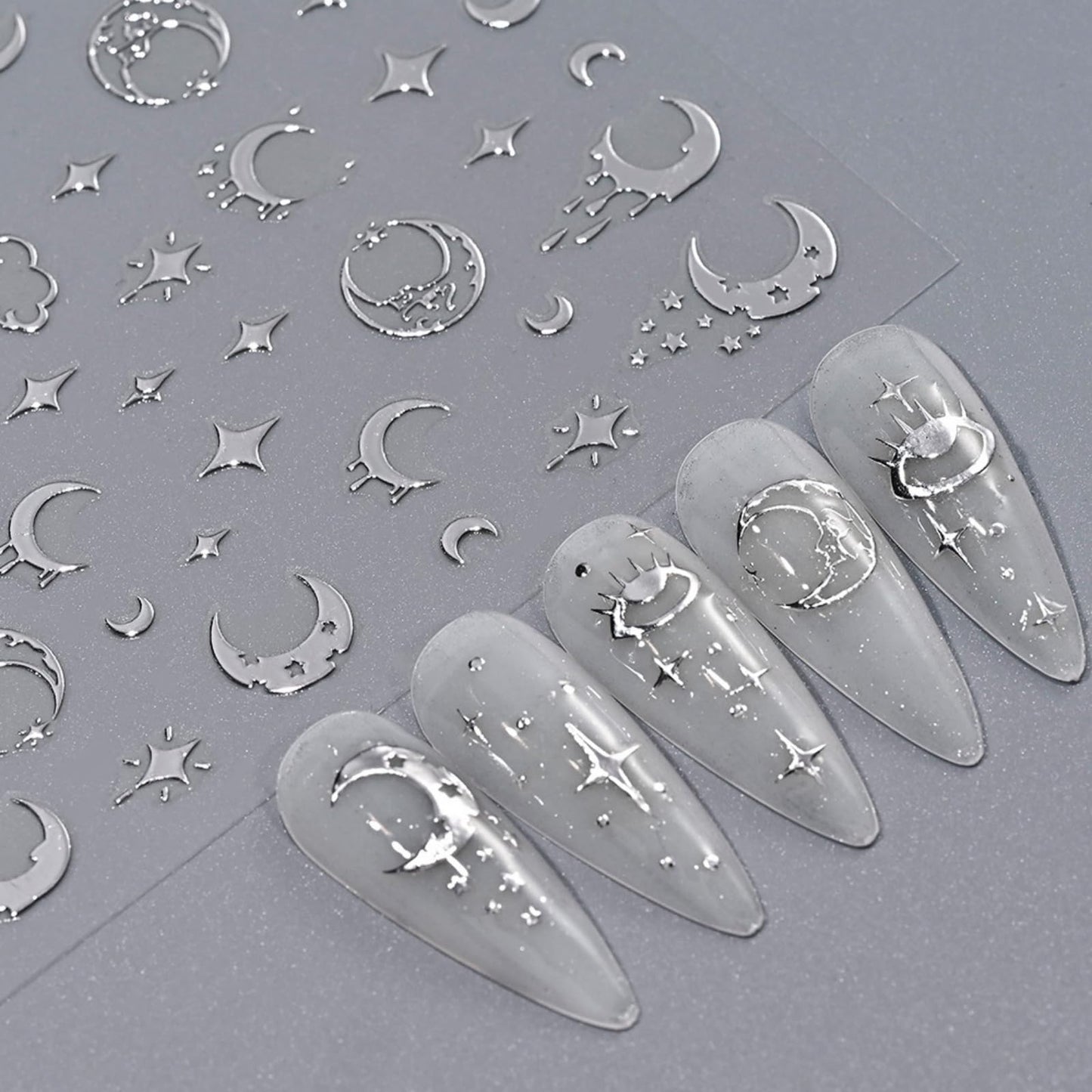 12 Sheets Laser Silver Nail Art Stickers, 3D Self-Adhesive Sun Moon Stars Designs Nail Sticker Acrylic Manicure Decals Decorations Accessory for Women Girls