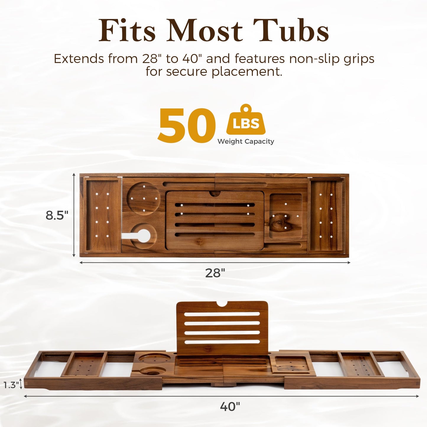 Teak Bathtub Tray for Tub, Expandable Bath Tray 28–40in, Foldable Bathtub Caddy with Wine Glass Holder, Phone & Book Stand, Wooden Bath Tray Organizer, Luxury Bathroom Accessories Gift - Light Walnut