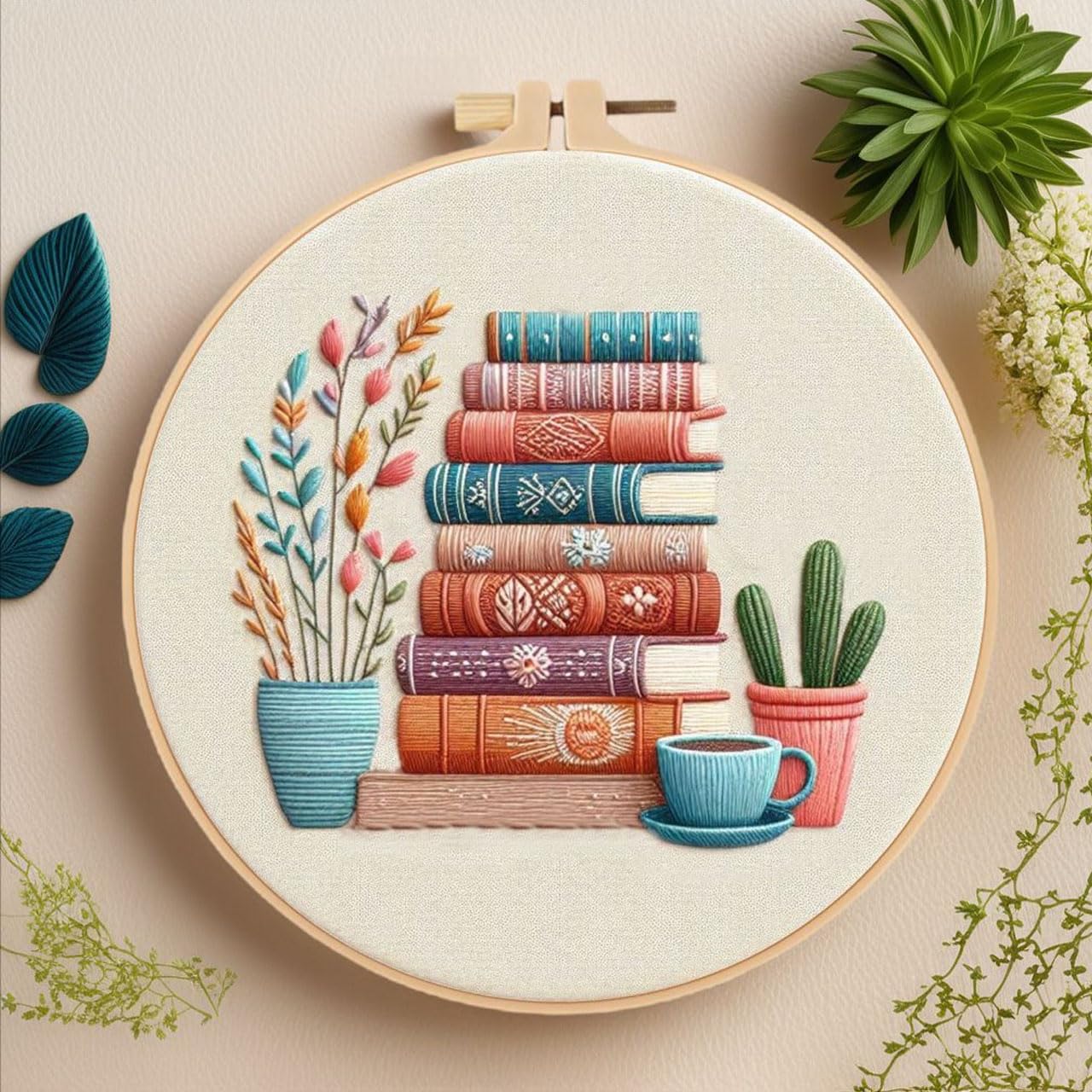 BLMRME 3 Pack Embroidery Kit for Beginners, Stamped Floral & Book Pattern Embroidery Kit, DIY Needlepoint Starter Kit with Instructions, Complete Set for Adults, Home Office Decor