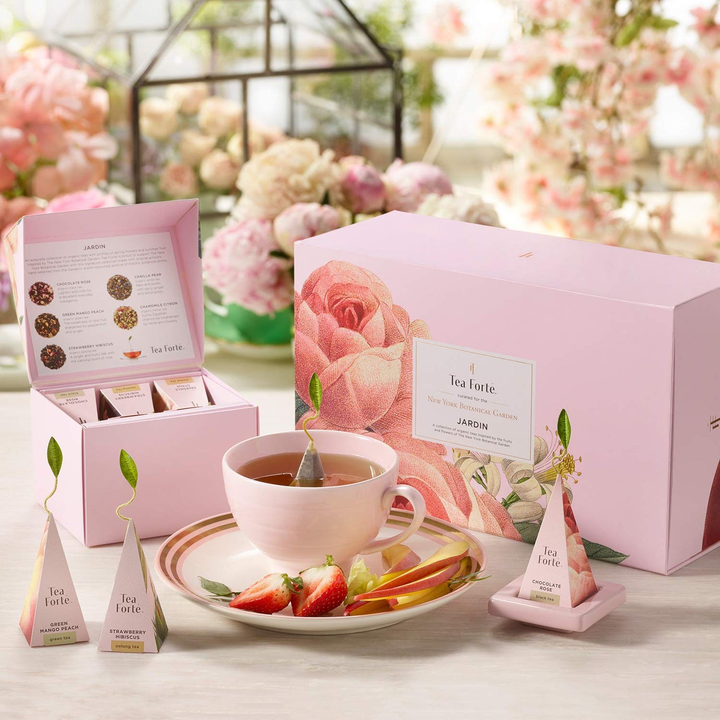 Tea Forte Gift Set with Cafe Cup, Tea Tray, Mini Presentation Box with 10 Handcrafted Pyramid Infuser Tea Bags, Gifts for Mom, Jardin Tea