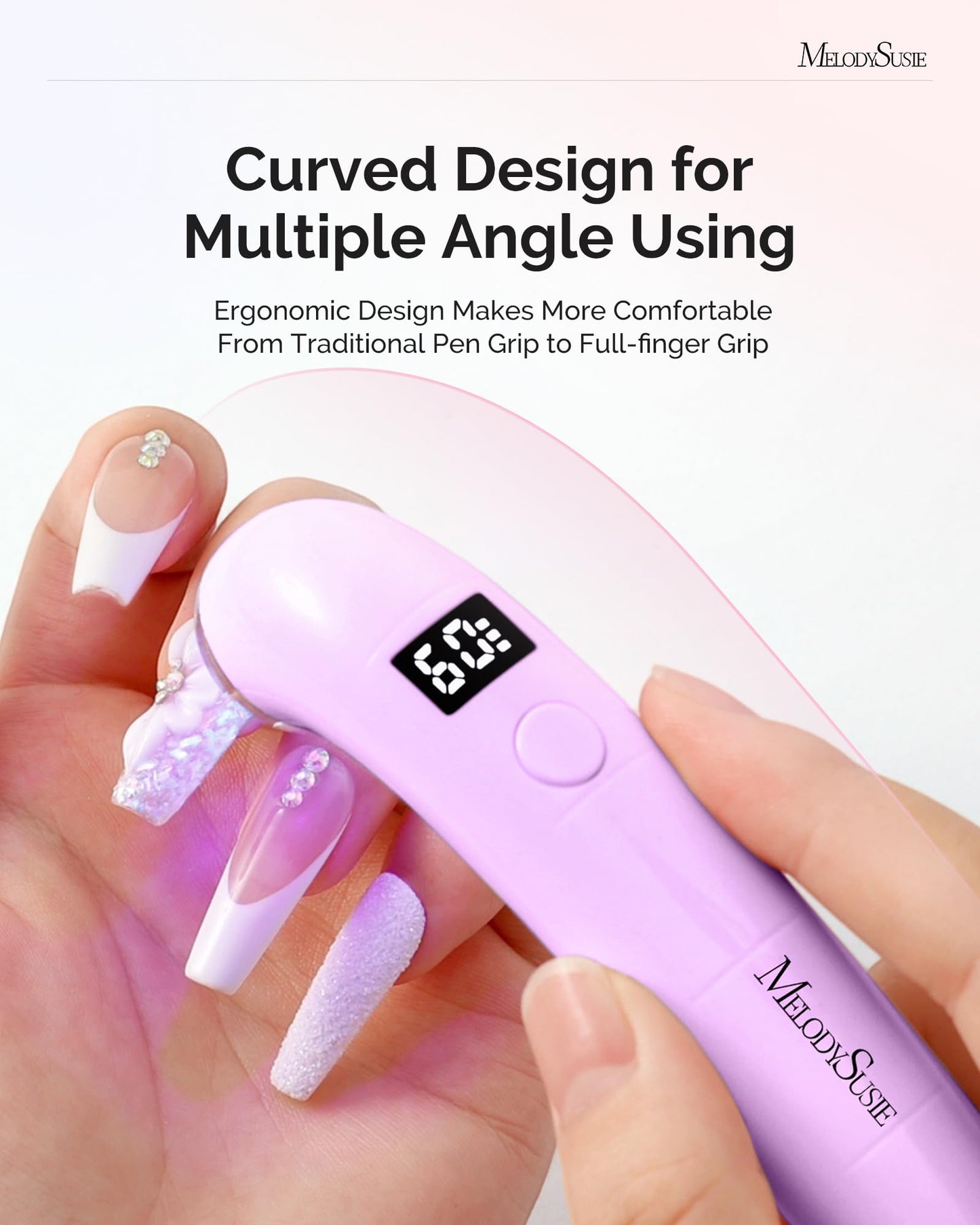MelodySusie Ergonomic Handheld Cordless UV Nail Lamp with LCD Display & 2 Timers, P-Art01A Rechargeable Mini UV LED Light Flash Cures All Soft Gels, Especially Rhinestone Glue & Liner Gel Purple